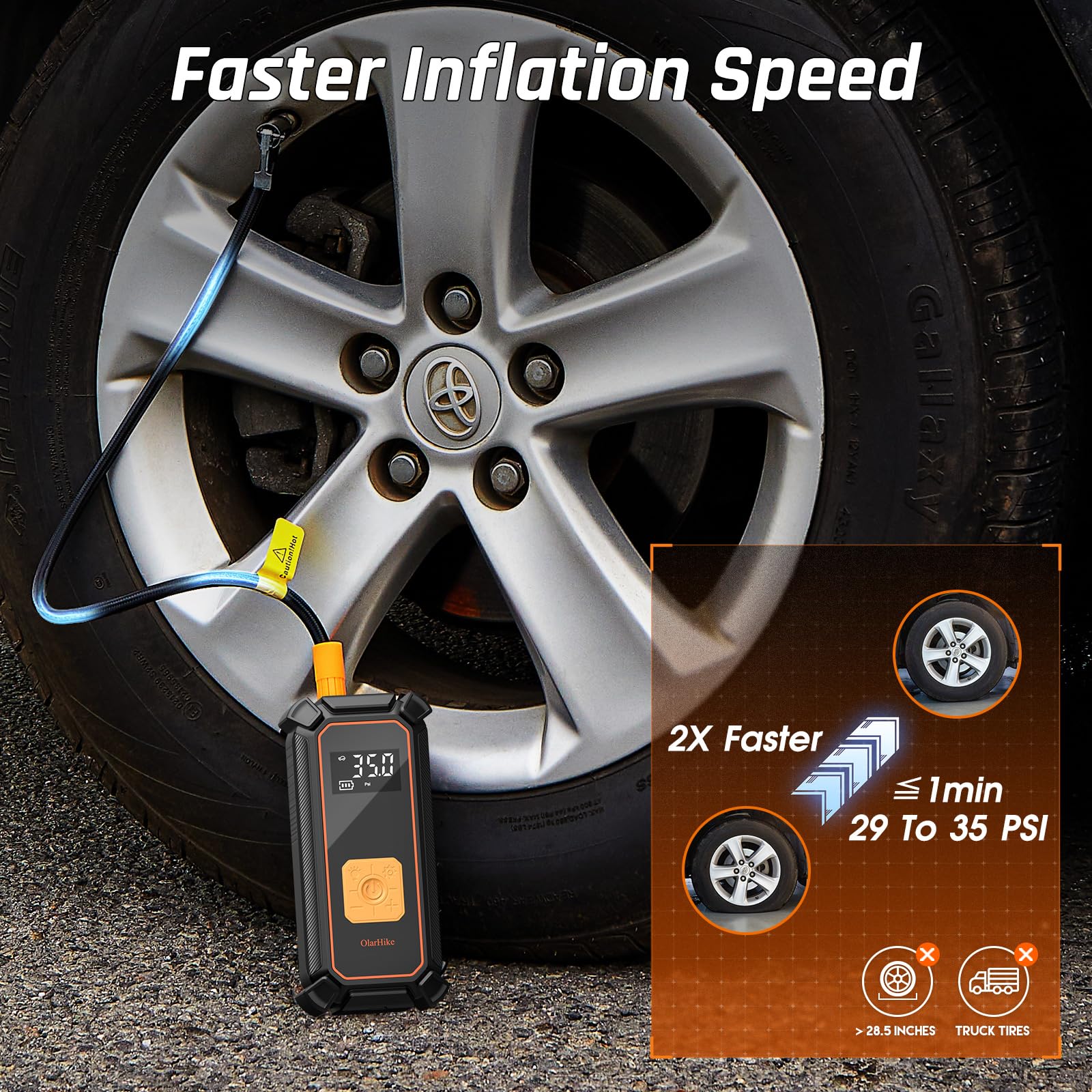 OlarHike Cordless Tire Inflator, 150PSI Air Compressor, 5400mAh, LED Light, Digital Gauge, Model TIC3V306, Orange