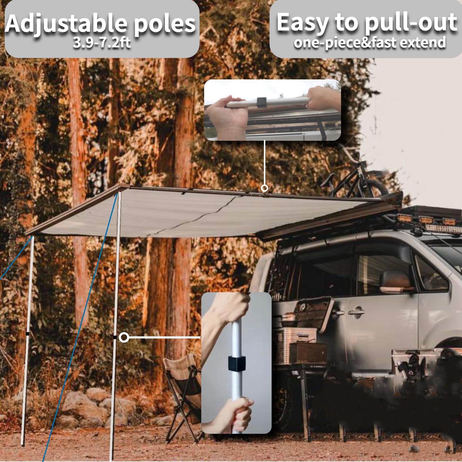 Danchel Outdoor Car Awning, Roof Rack Pull-Out Car Awning Overland, Waterproof Portable Car Side Sun Shelter Tarp For Suv/Truck/Van/Camper, 6.5X9.8Ft Gray