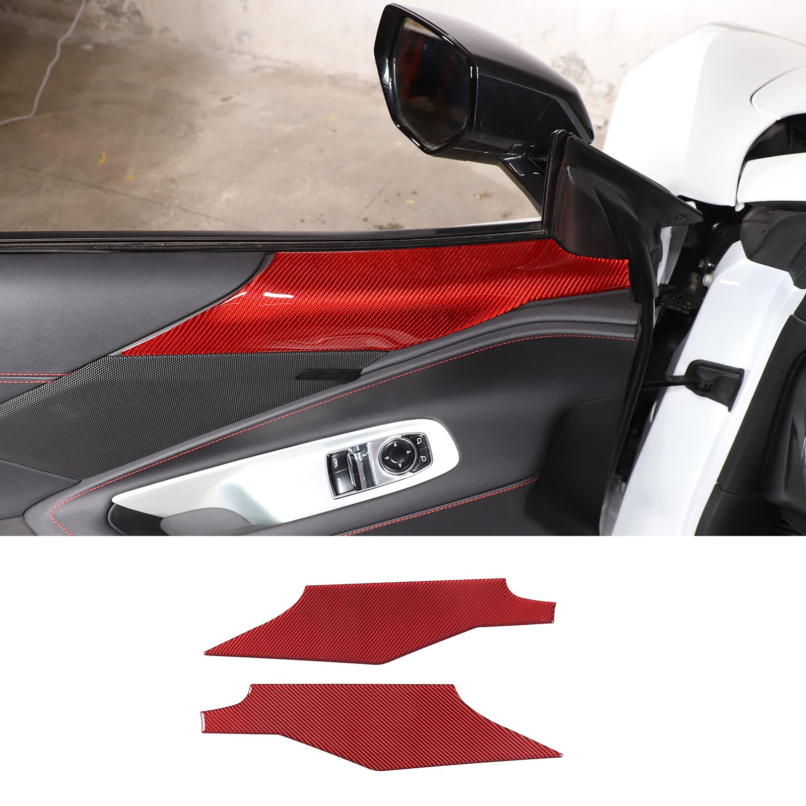 Cheayar Soft 3D Real Carbon Fiber Car Inner Door Top Panel Sticker Trim Decor Trim Kit Compatible With Corvette C8 Stingray Z06 Z51 2020 2021 2022 2023 Interior Decoration Accessories (Red)