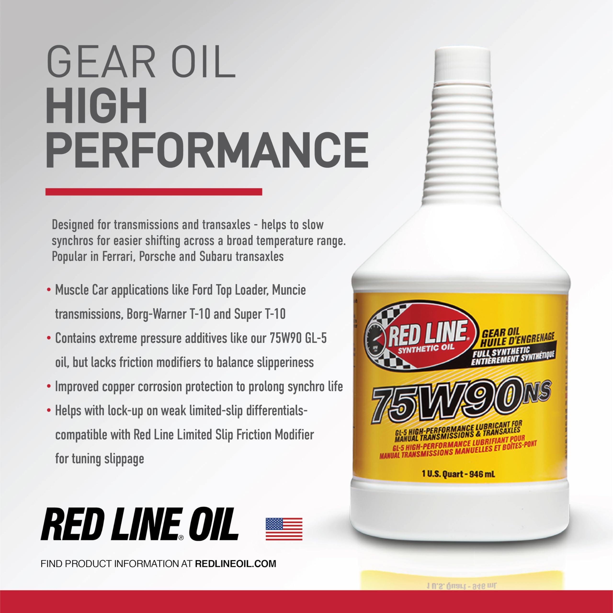 Red Line 58304 Synthetic Gear Oil 75W90 - 1 Quart, Non-Limited Slip, 1 Pack