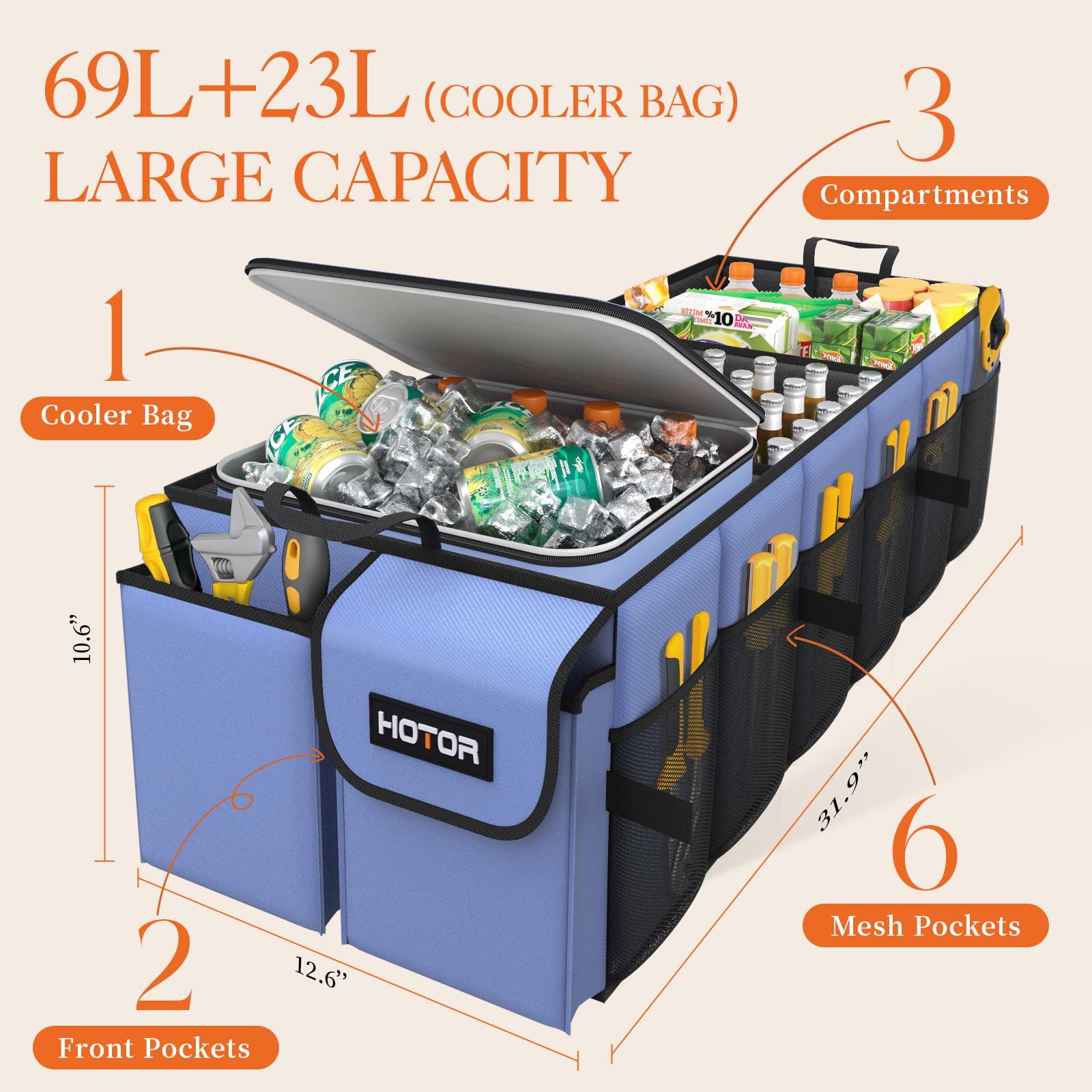 Hotor Trunk Organizer, Sturdy Foldable With Cooler For Car & Suv, 3 Compartments, Blue, 30.90     12.60     10.63