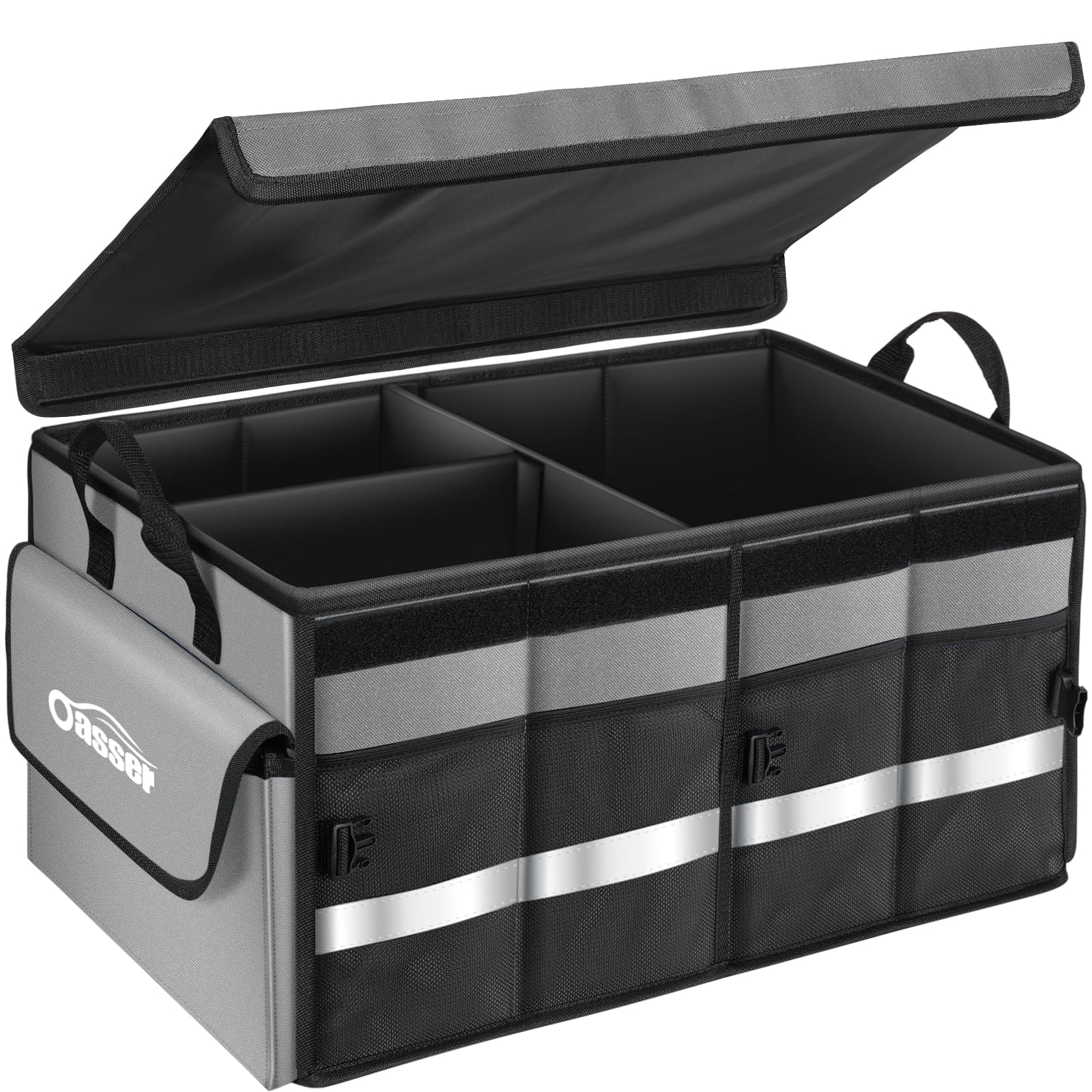 Oasser Car Trunk Organizer Collapsible Multi Compartments Suv Trunk Organizer With Reflective Strip Foldable Cover (Standard, Gr