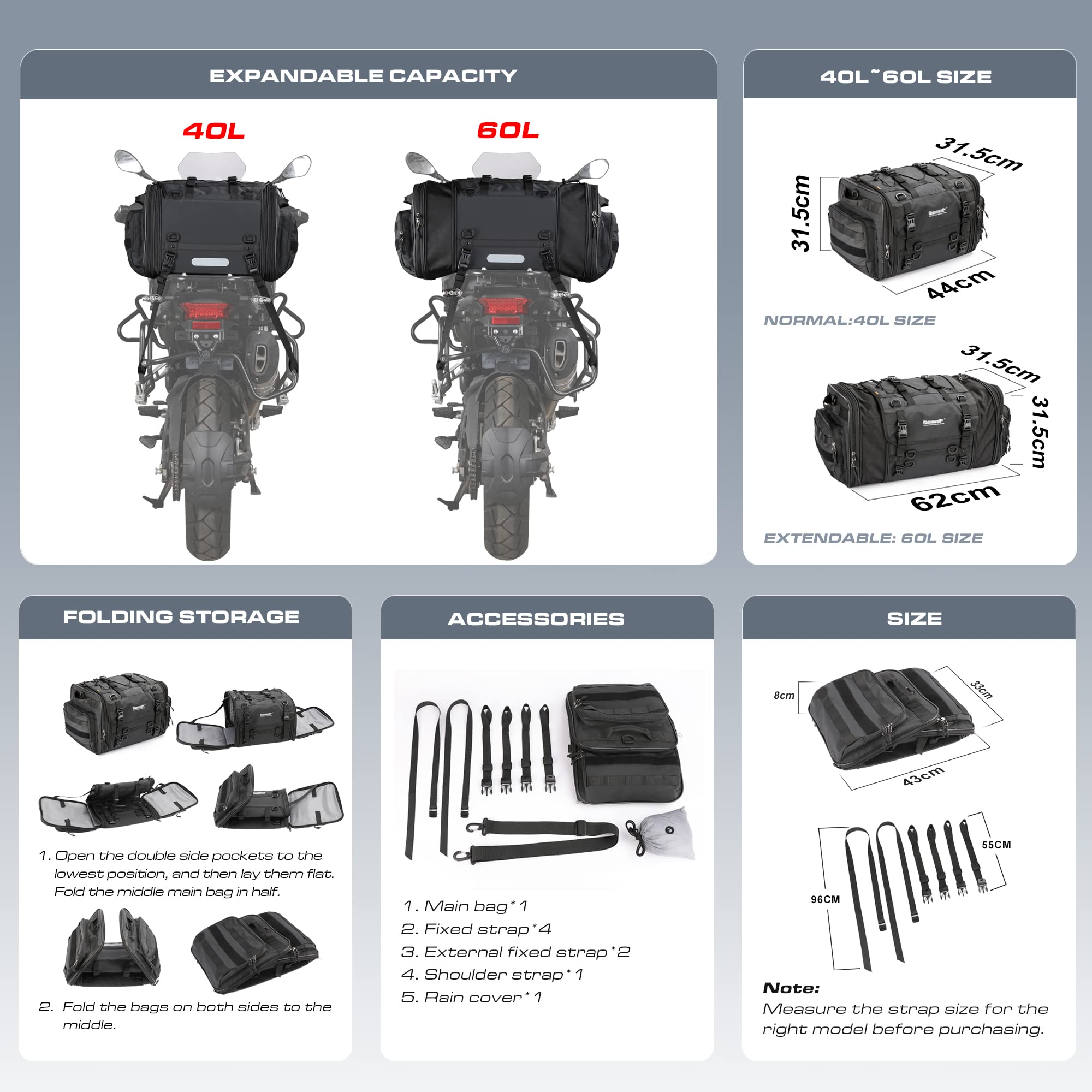 HUNTVP 40-60L Motorcycle Seat Bag Motorcycle Tail Bag Shoulder Bag Travel Luggage Bags Motorbike Rear Tack Truck Bag Storage Bag
