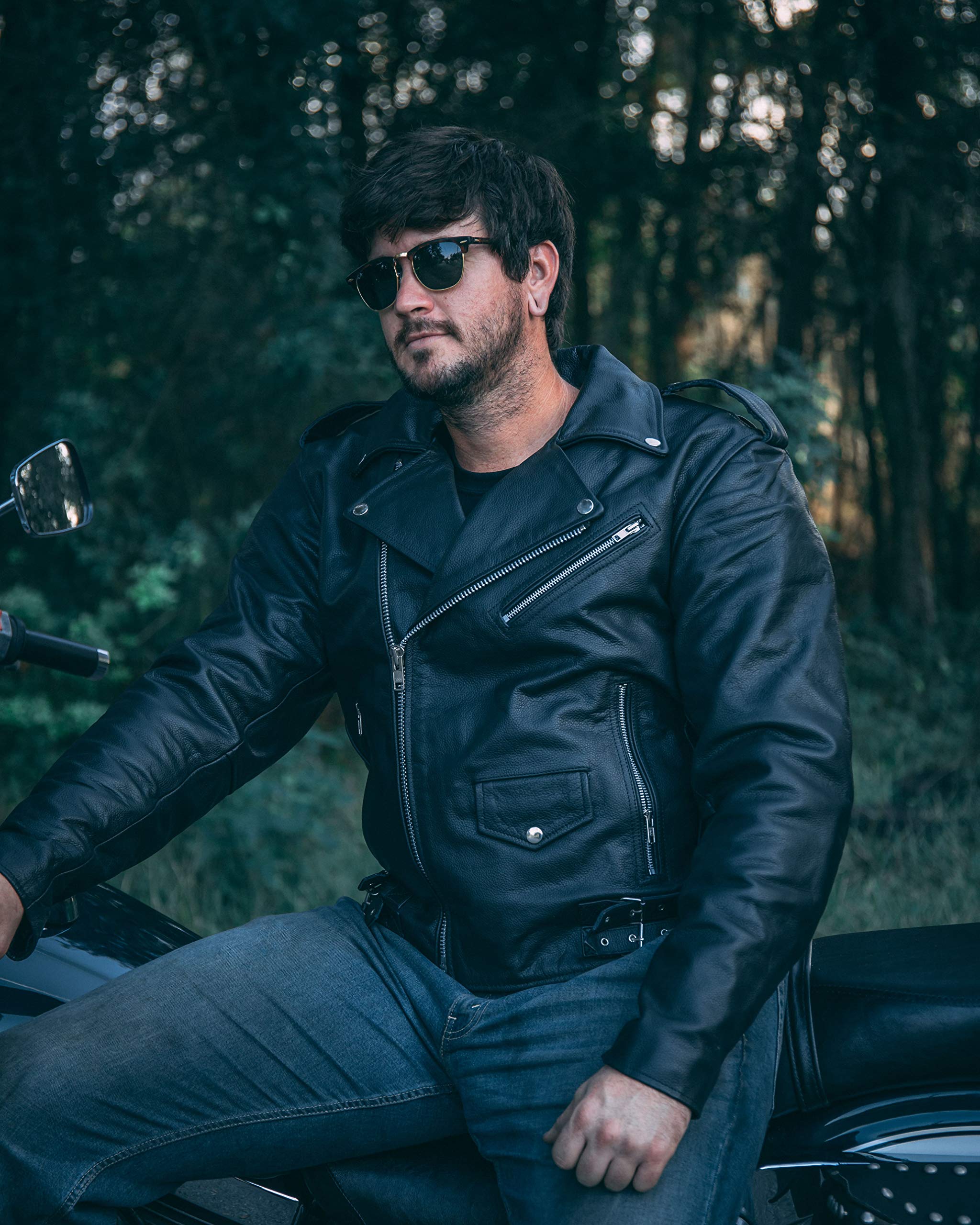 HWK Brando Leather Motorcycle Jacket for Men, Black, XX-Large, Genuine Leather, Removable CE Armor, Weather Resistant