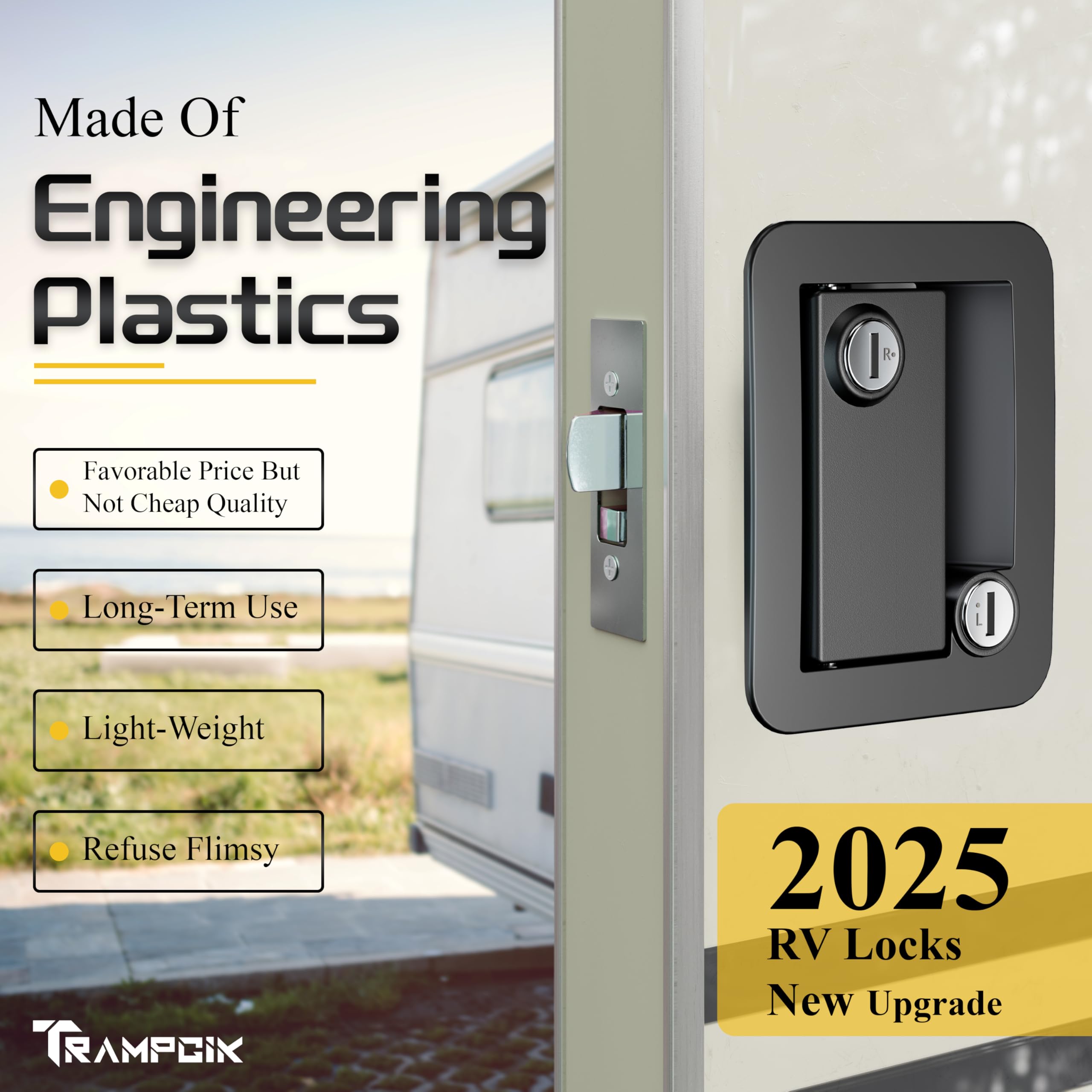 Trampgik Rv Door Lock Set, For Rv Camper,Travel Trailer Entrance Front Door,1 Plastic Camper Door Lock + 2Pcs Storage Locks, 1 1