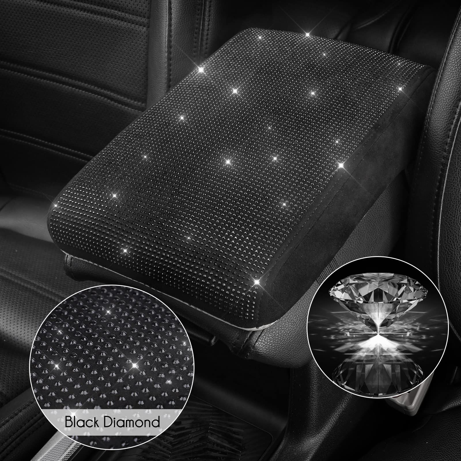 Seg Direct Diamond Auto Center Console Cover, Bling Car Armrest Cover, Memory Foam Armrest Cushion Pad With Crystal Rhinestones, Universal Seat Box Cover, Black Diamond
