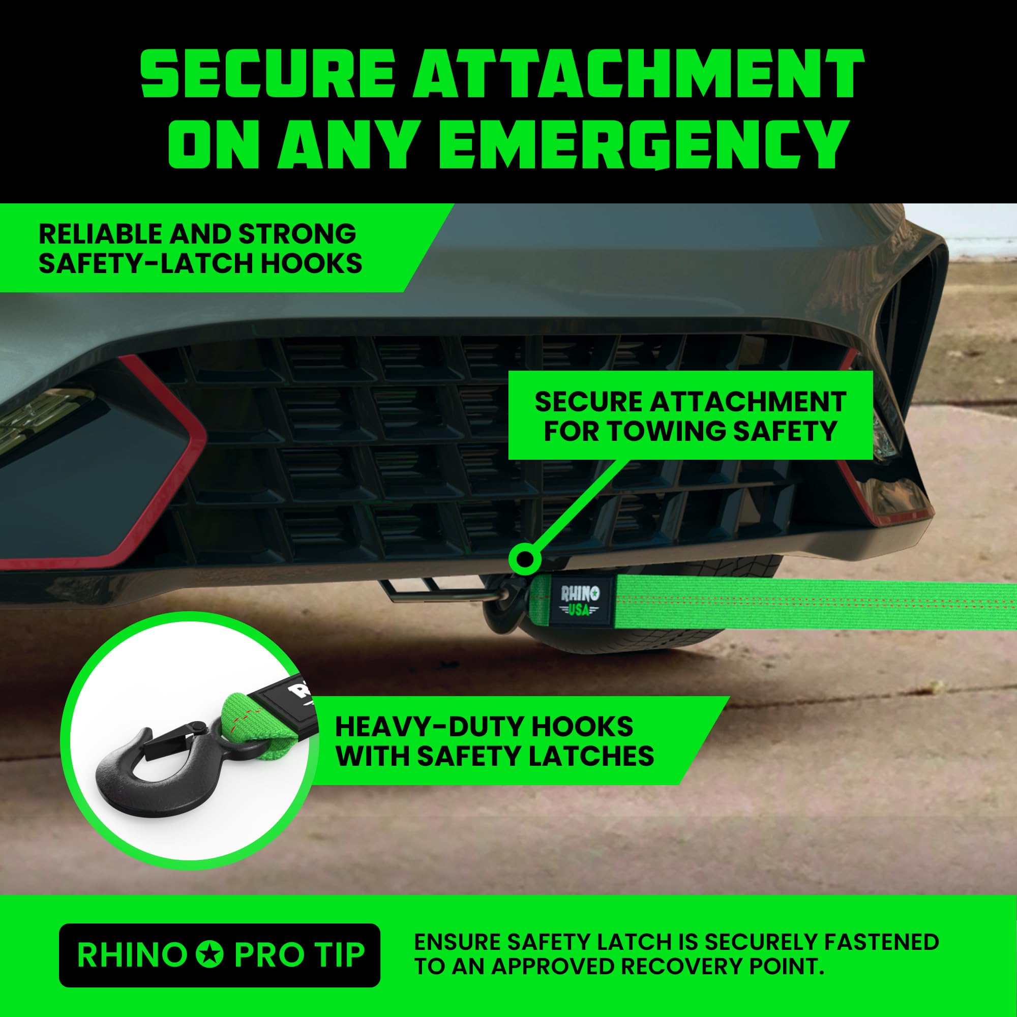 Rhino Usa Tow Strap With Hooks (2 Inch X 20 Foot) Lab Tested 10,321Lbs Break Strength - Heavy Duty Emergency Towing Straps With Forged Steel Hooks For Roadside Recovery - Not For Off-Road Recoveries
