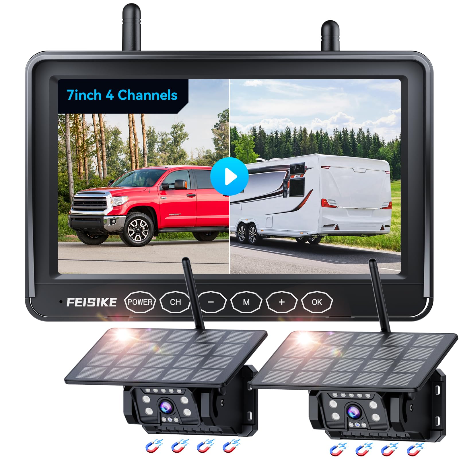 2 Magnetic Solar Wireless Backup Camera for RV Truck Trailer-7 1080P Monitor with Recording,1-Min Install,No Delay,Wide View,IR 