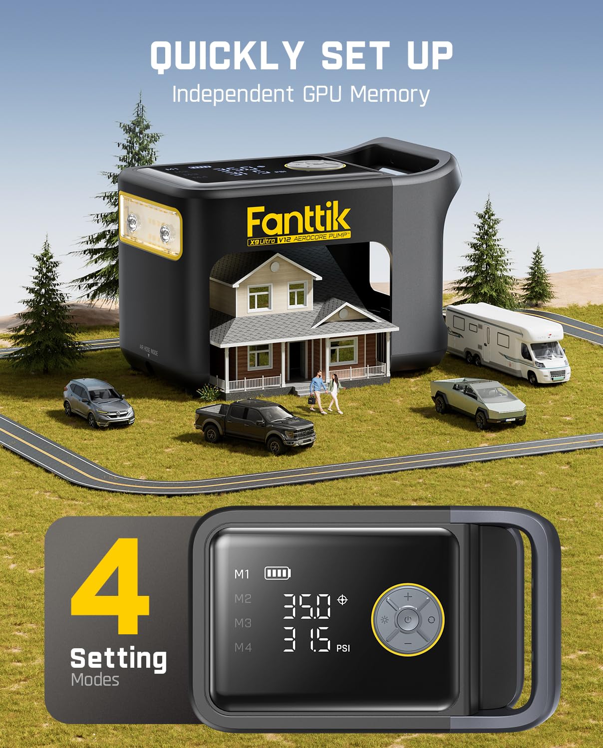 Fanttik X9 Ultra Portable Tire Inflator, 3-in-1 Air Pump & Power Station, Black, Fast Digital Gauge for Trucks & SUVs