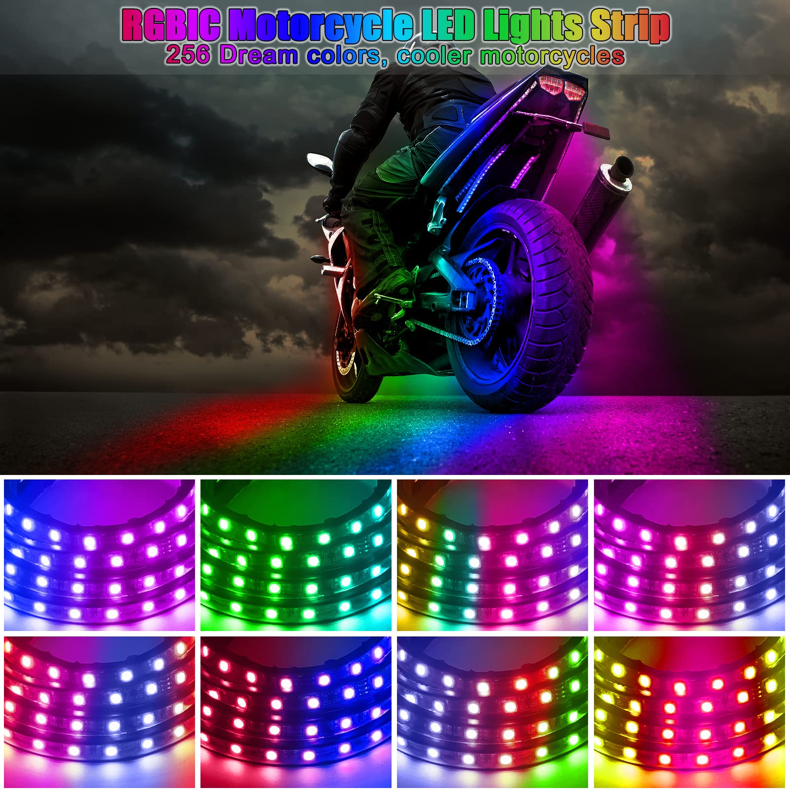 FCPVHOY 10Pcs Motorcycle LED Underglow Kit, RGB Strips with APP Control, PVC Material, Colourful for Harley Honda Kawasaki Suzuki