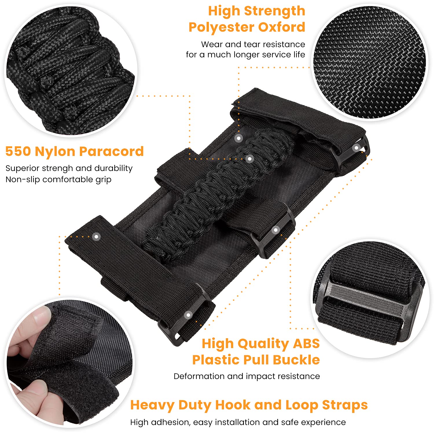 E-Cowlboy 4 X Roll Bar Grab Handles Grip Handle For Jeep Wrangler Yj Tj Jk Jku Jl Jlu Sports Sahara Freedom Rubicon Unlimited X Gladiator Jt 1955-2023 Utv Atv Premium Paracord (Black)