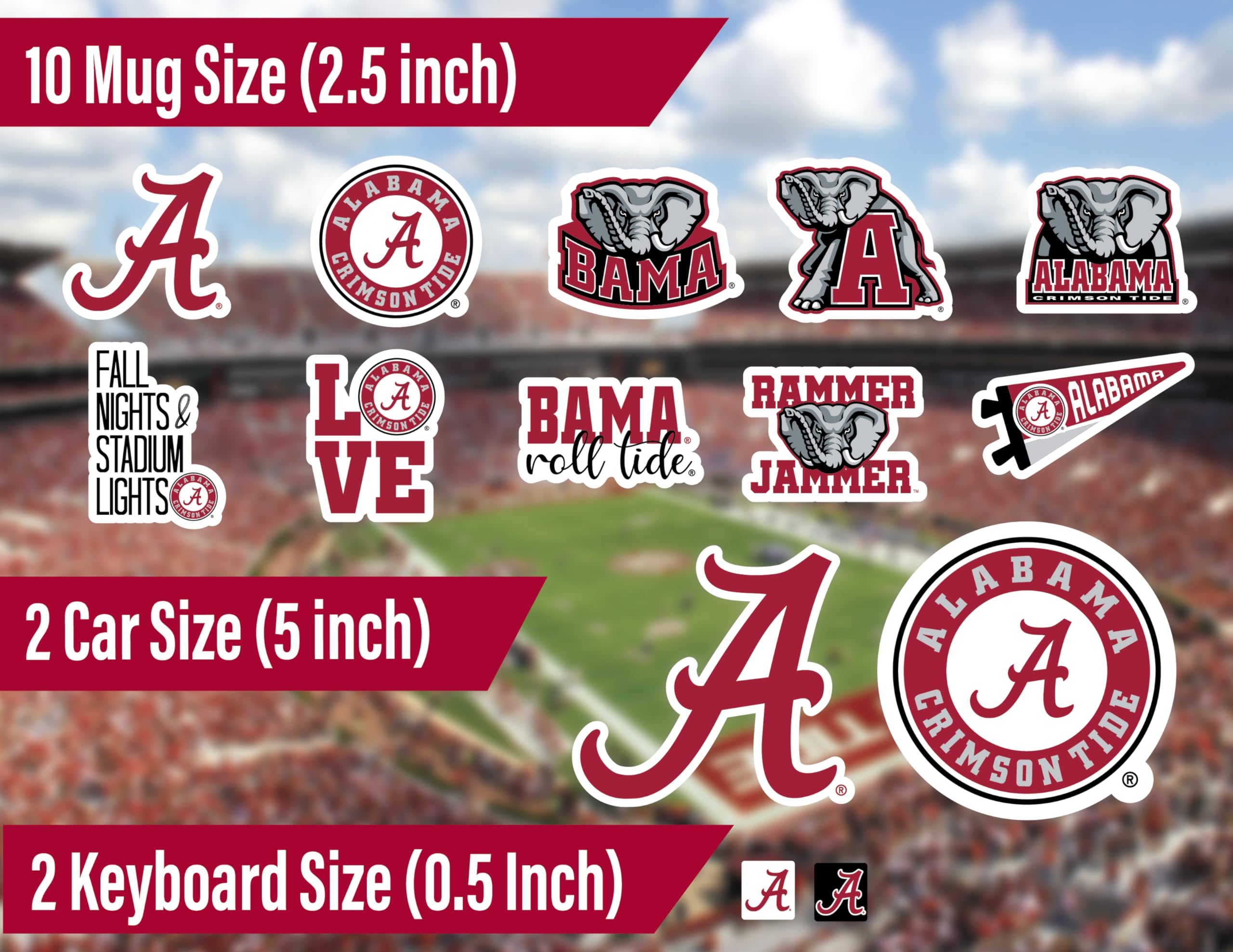 PartyKandy Alabama Crimson Tide Sticker Bundle - 14 Vinyl Decals in Red for Car, Water Bottle, and Phone - Various Sizes