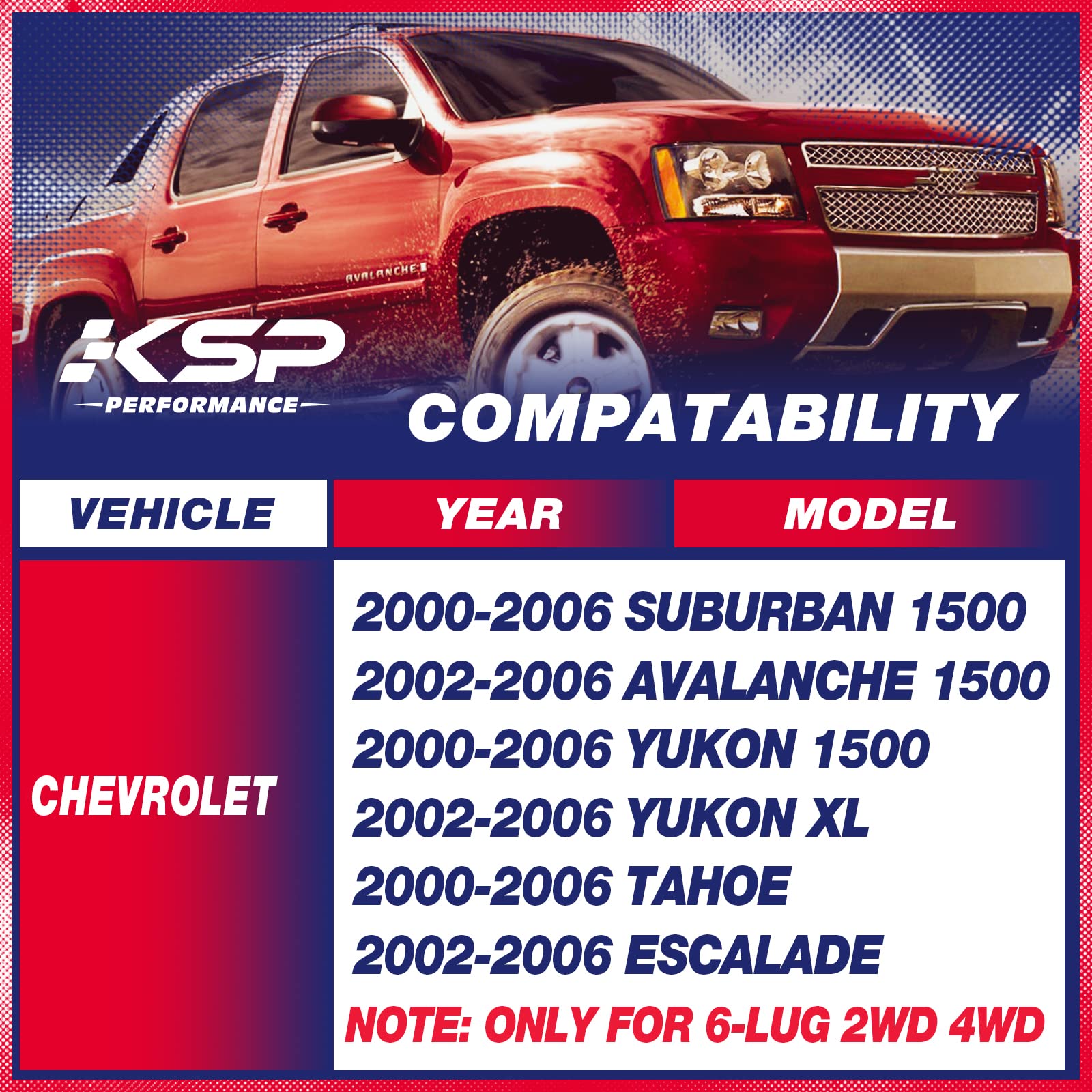 KSP PERFORMANCE Full Lift Kit for Tahoe, Yukon, Suburban, Avalanche 1500 (2002-2006) - 1-3" Front Torsion Bar Key, 2"