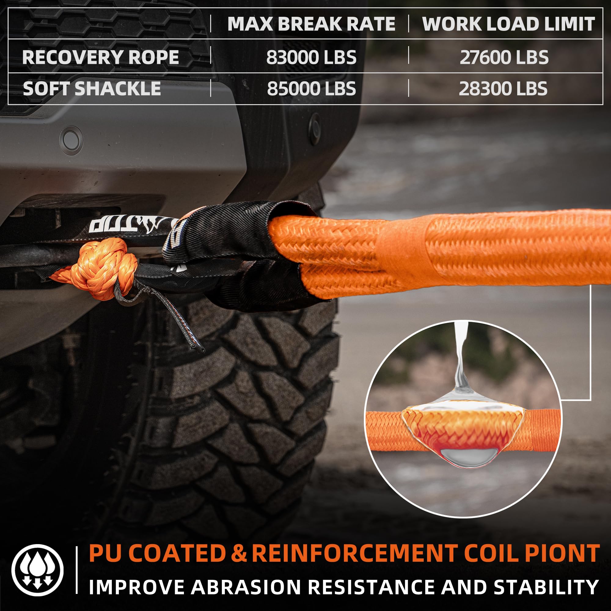ALL-TOP Kinetic Recovery Rope Kit - 30ft, 83000Lbs, Nylon, Orange, 2 Soft Shackles, Model ATKRR25 for 4x4 Offroad