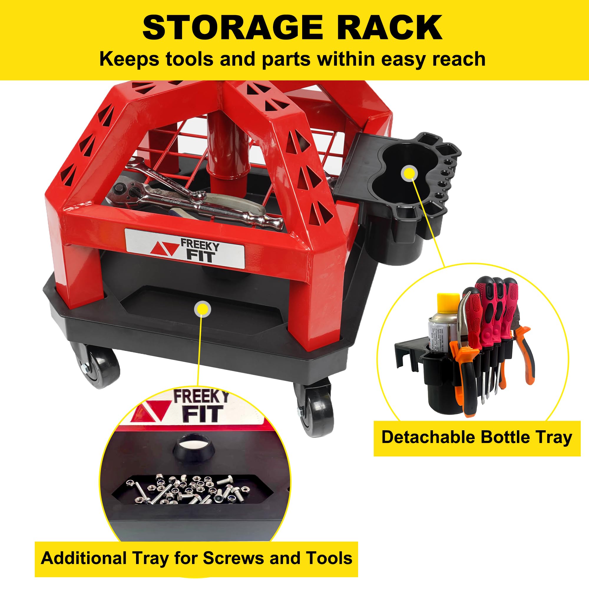 FreekyFit Rolling Shop Stool DO02-R, Adjustable Height, 360° Swivel, Red, 330 LBS Capacity, Tool Tray, Steel Mechanic Seat