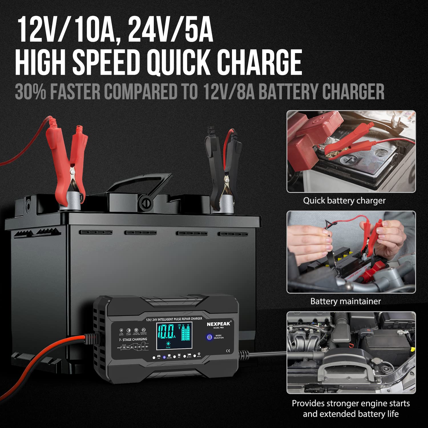 NEXPEAK 10-Amp Smart Car Battery Charger, 12V/24V Automatic Maintainer for Lead Acid Batteries - Black