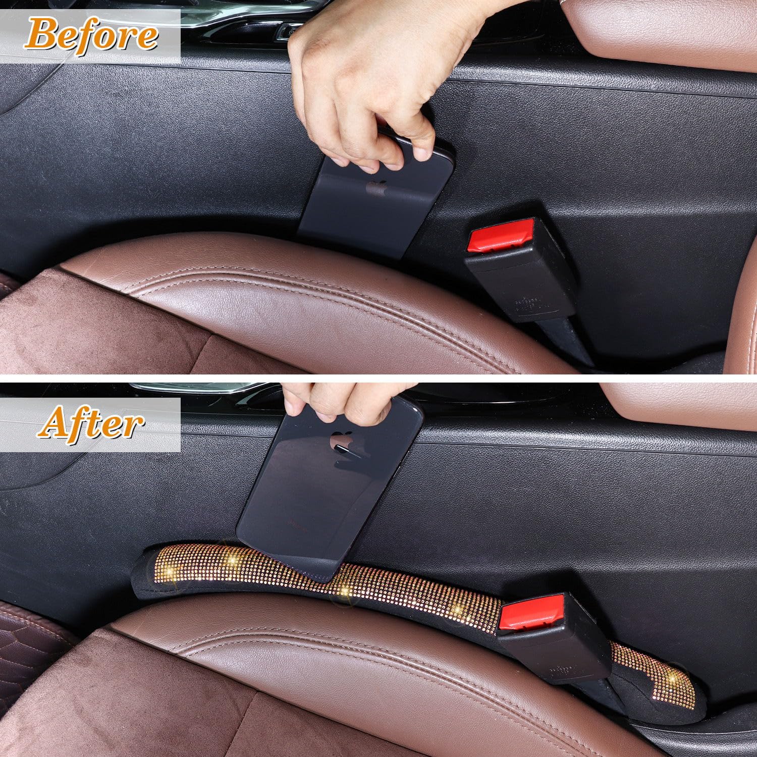 Tobequeen Beige Seat Gap Filler, Handmade Crystal Diamond Rhinestone Champagne Bling Car Accessories For Women, Universal Fit Fo