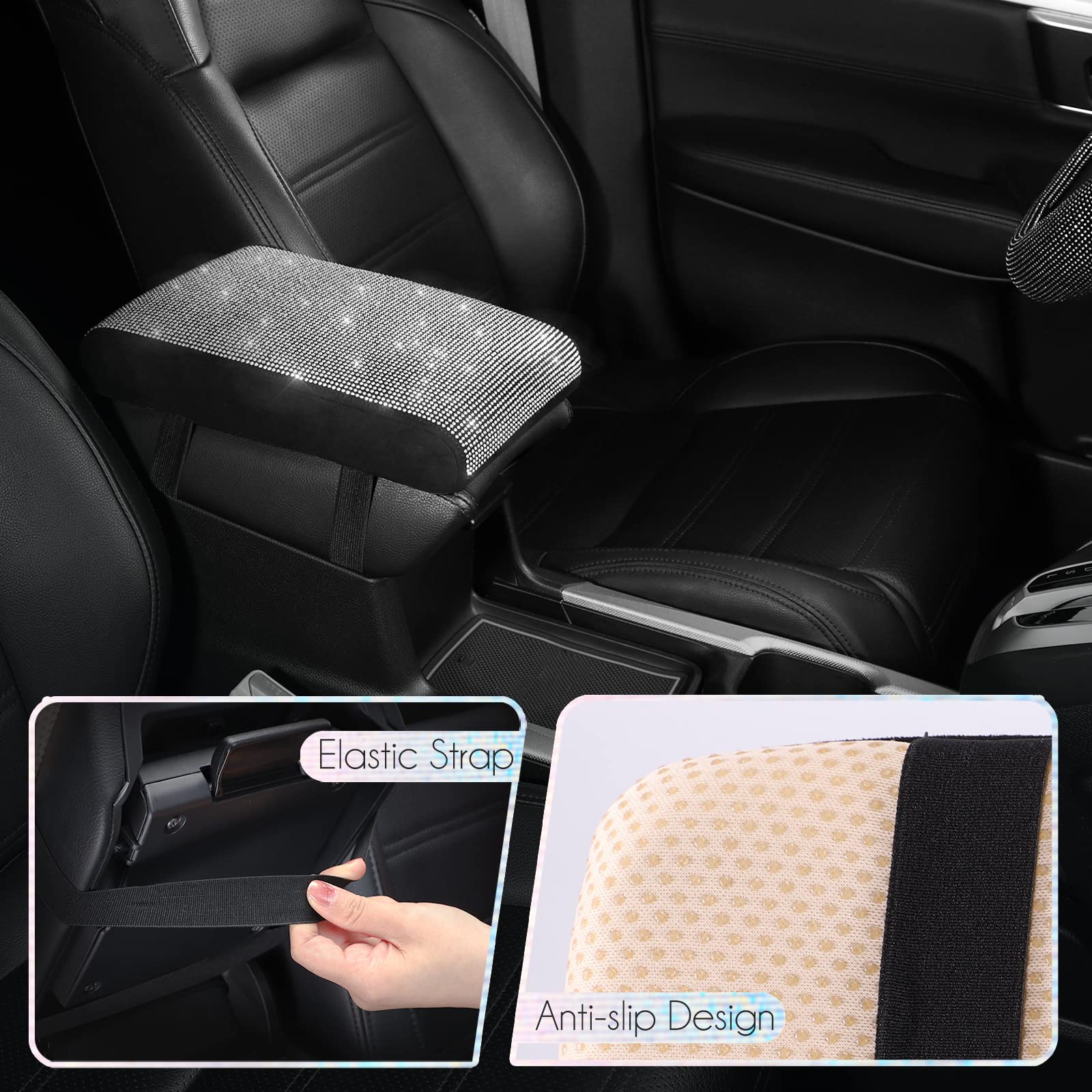 Seg Direct Diamond Auto Center Console Cover, Bling Car Armrest Cover, Memory Foam Armrest Cushion Pad With Crystal Rhinestones, Universal Seat Box Cover, White Diamond