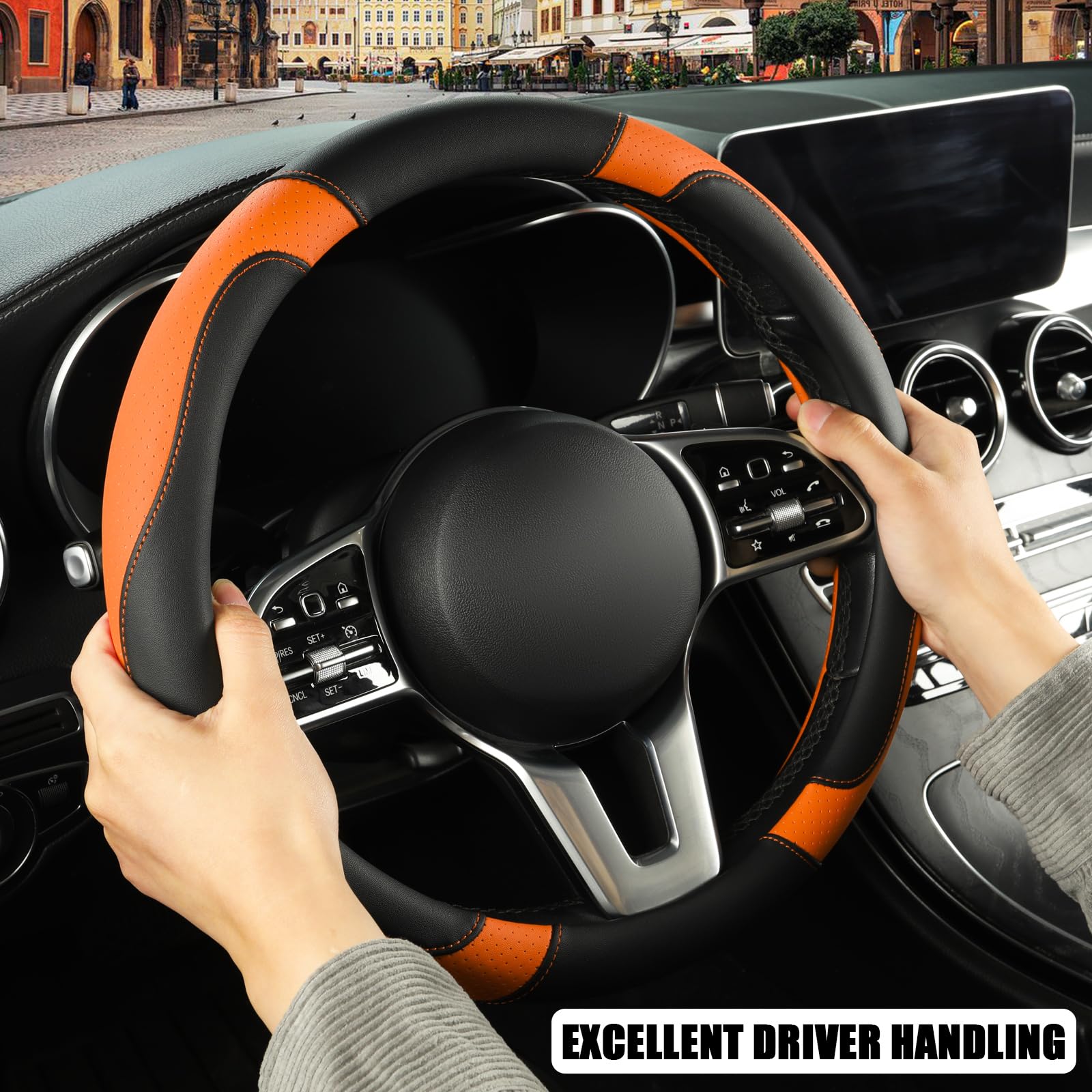 Binsheo Leather Steering Wheel Cover - Breathable, Anti-Slip, Black/Orange, Round-Middle (14.5''-15'') - Model BI-TQDKPGFXPT-BL