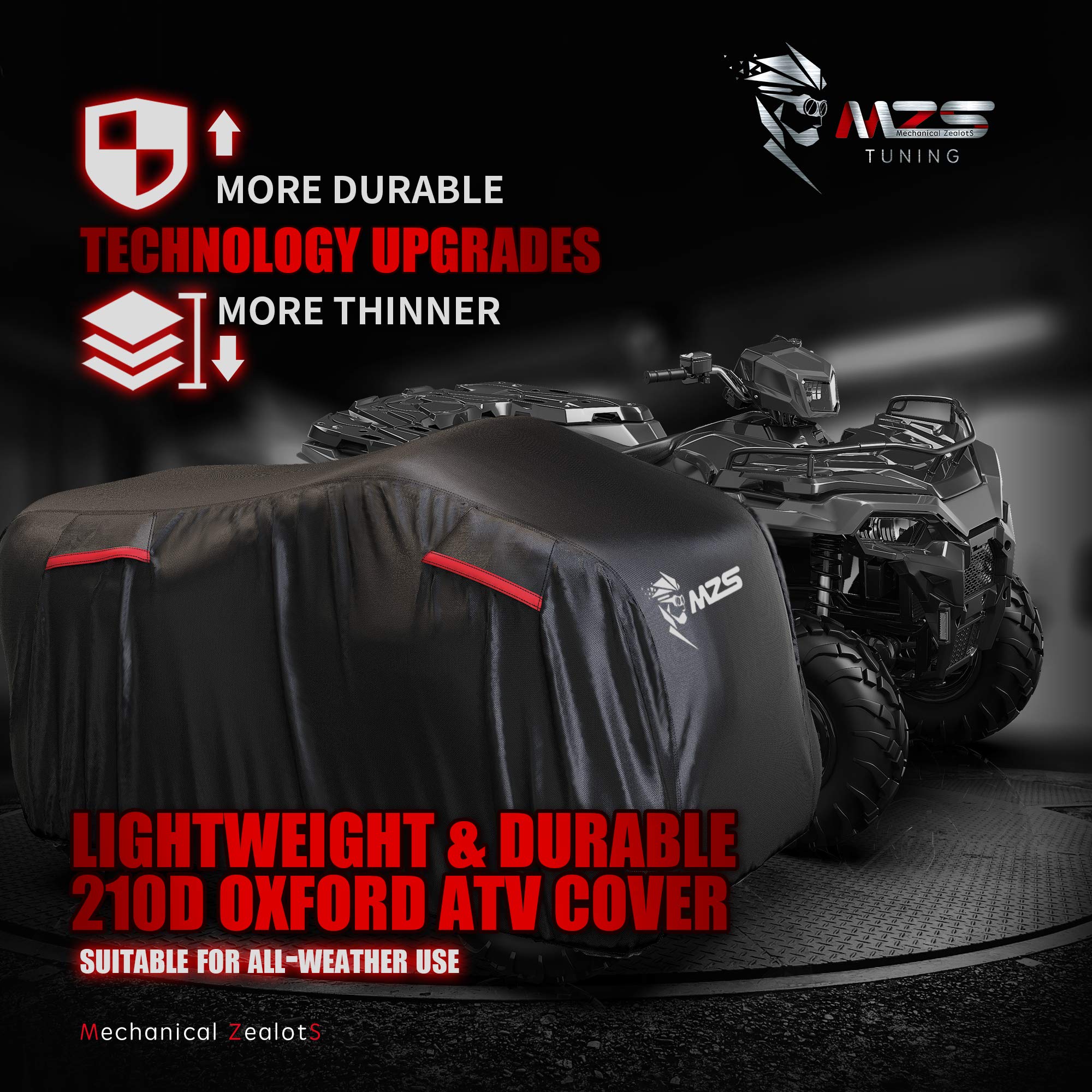 Mzs Atv Cover, All Weather Season Outdoor Waterproof Protection Accessories Fits Up To 88 Inch Quad 4 Wheeler Covers - Tear Wind Proof Vents Night Reflective Adjuster Buckle Storage Bag
