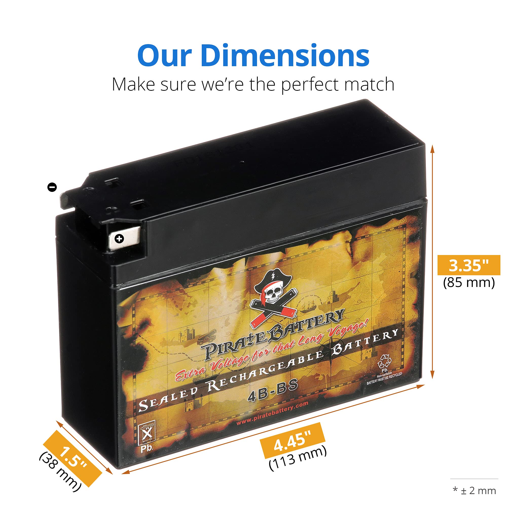 Pirate Battery 4B-BS 12V Maintenance Free Replacement Battery for Suzuki/Yamaha Motorcycles - 3 Amps, 2.3 Ah, Compact Size 3.35"x4