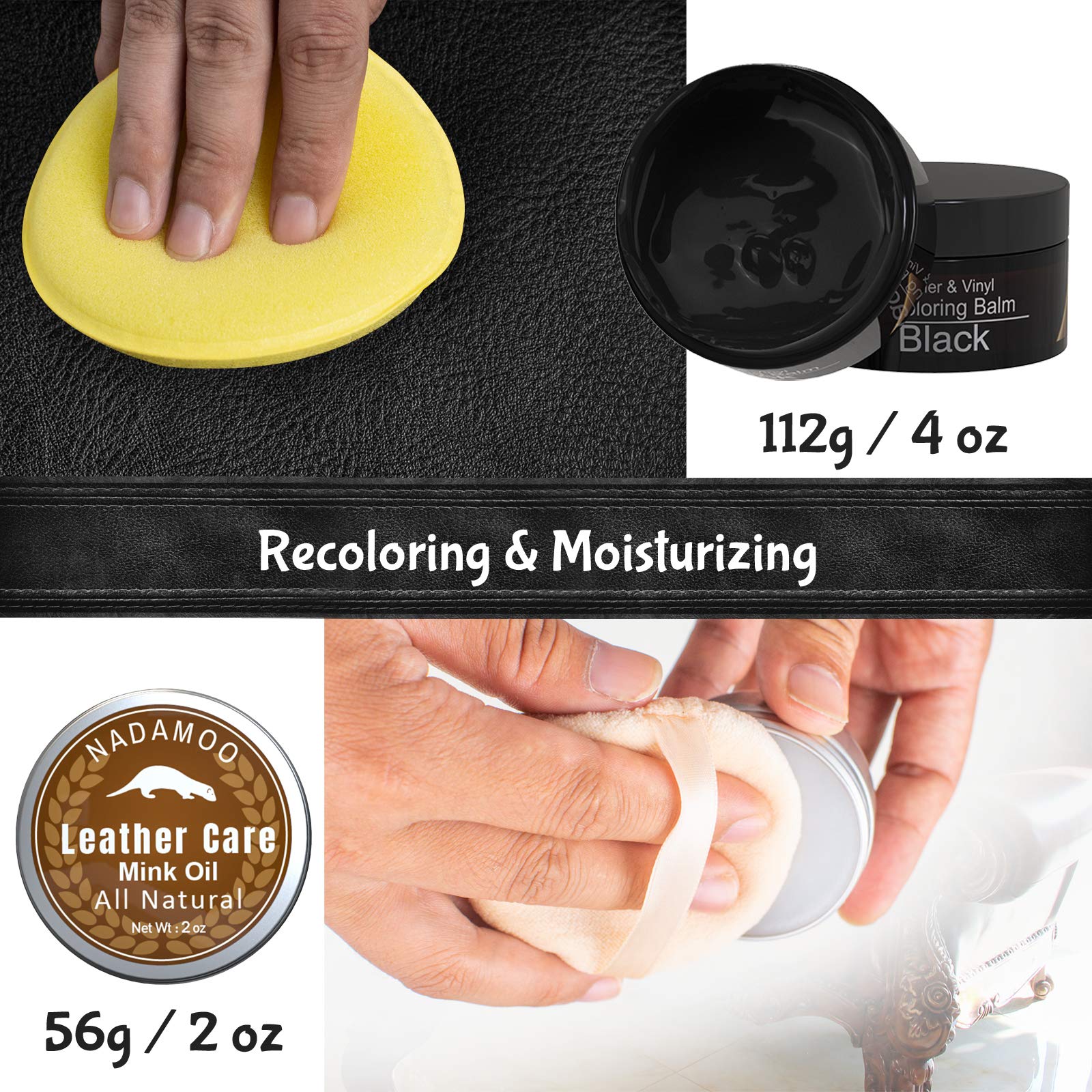 Nadamoo Black Leather Recoloring Balm With Mink Oil Leather Conditioner, Leather Repair Kits For Couches, Restoration Cream Scra