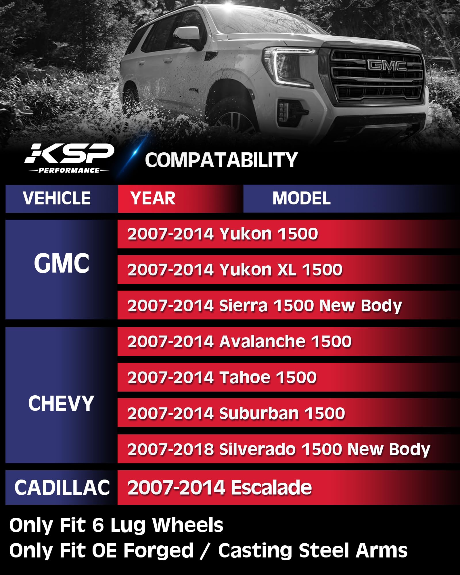 KSP Upper Control Arm 2-4'' lift for 07-16 Silverado Avalanche Tahoe, Sierra Yukon 6-Lug 2WD/4WD Factory Cast Steel arms, Tubula