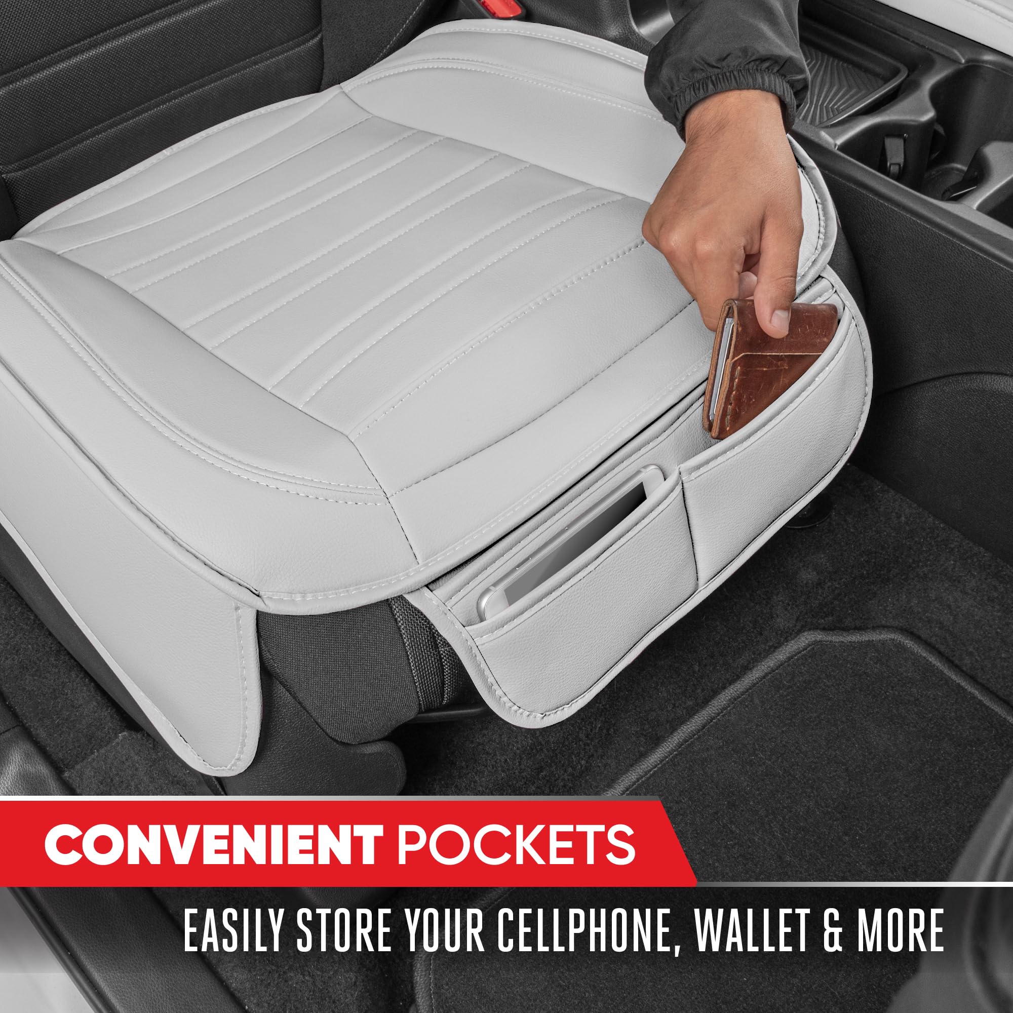 Motor Trend Faux Leather Front Seat Cover for Cars - Set of 2 White Front Car Seat Covers for SUV & Truck with Storage Pockets -