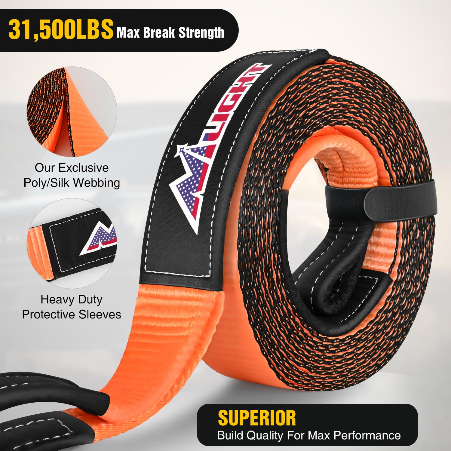 Nilight 3'' x 20' Recovery Tow Strap Lab Tested 31,500lbs Break Strength Heavy Duty Off Road Straps with Triple Reinforced Loop
