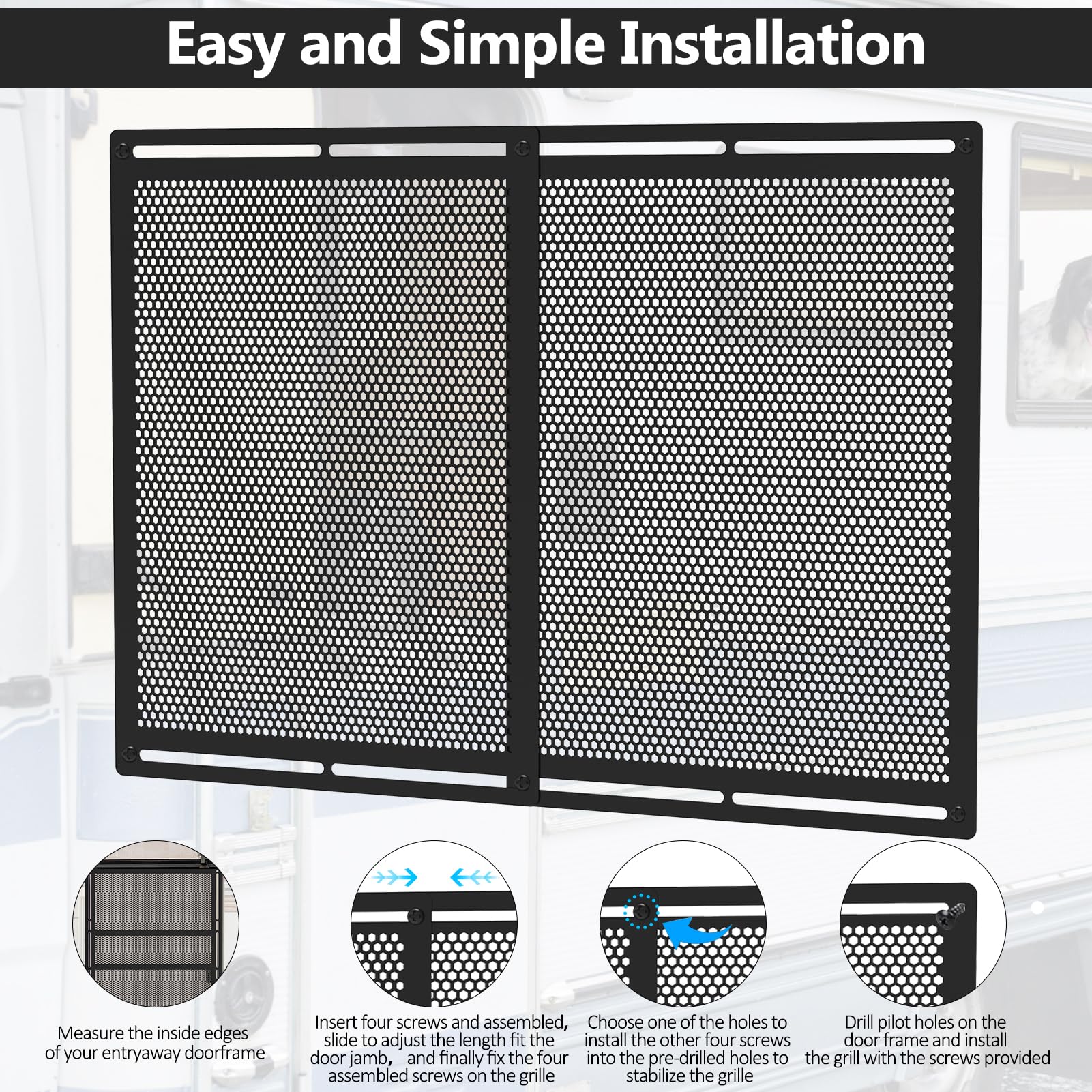 Kessainely RV Screen Door Grille, Adjustable 16-31" Width, 21.26" Height, Black Metal Protector, Model Rv Screen Door 0021