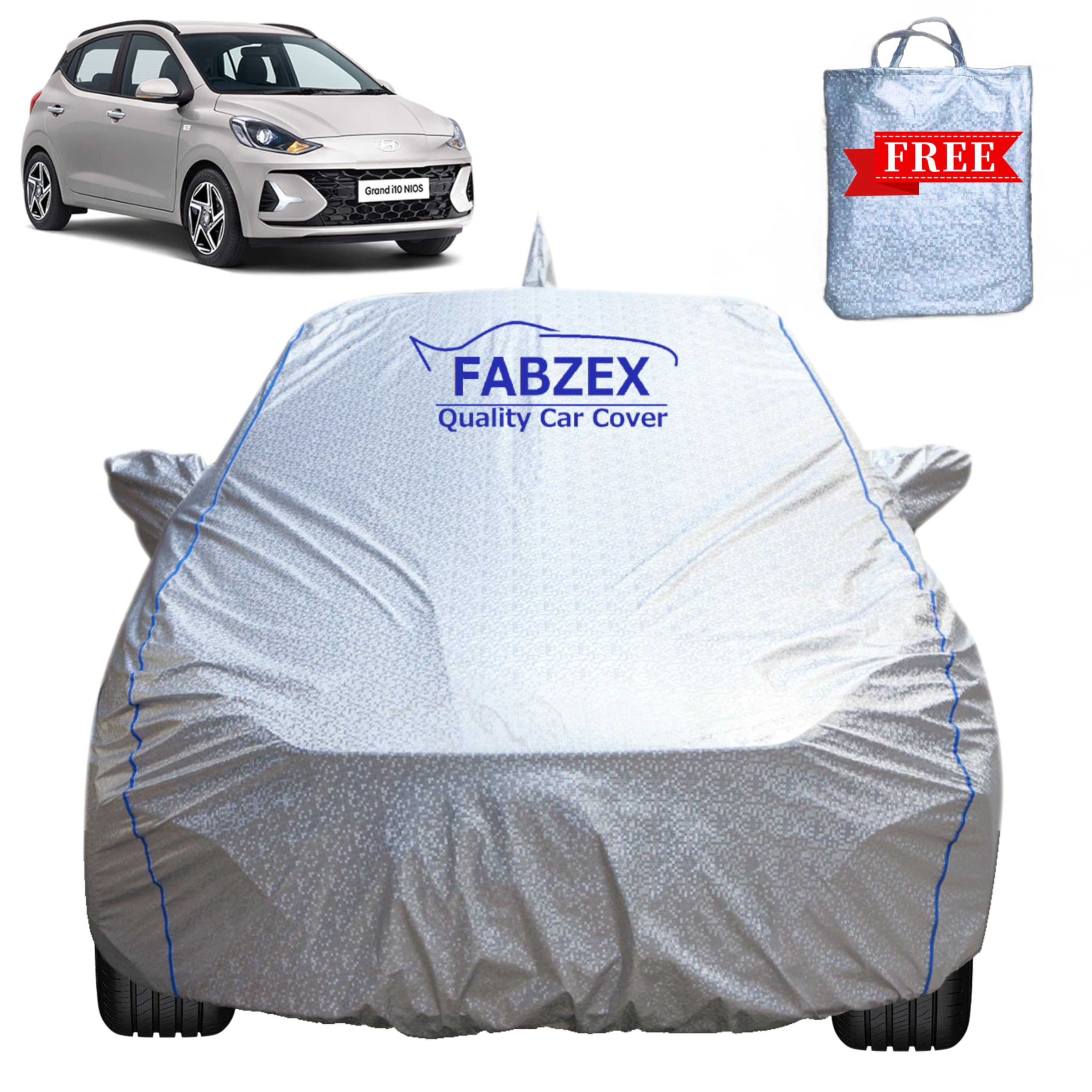 FABZEX Waterproof Car Body Cover Compatible for Hyundai Grand i10 Nios (2019 to 2023) with Mirror and Antenna Pockets,Triple Sti