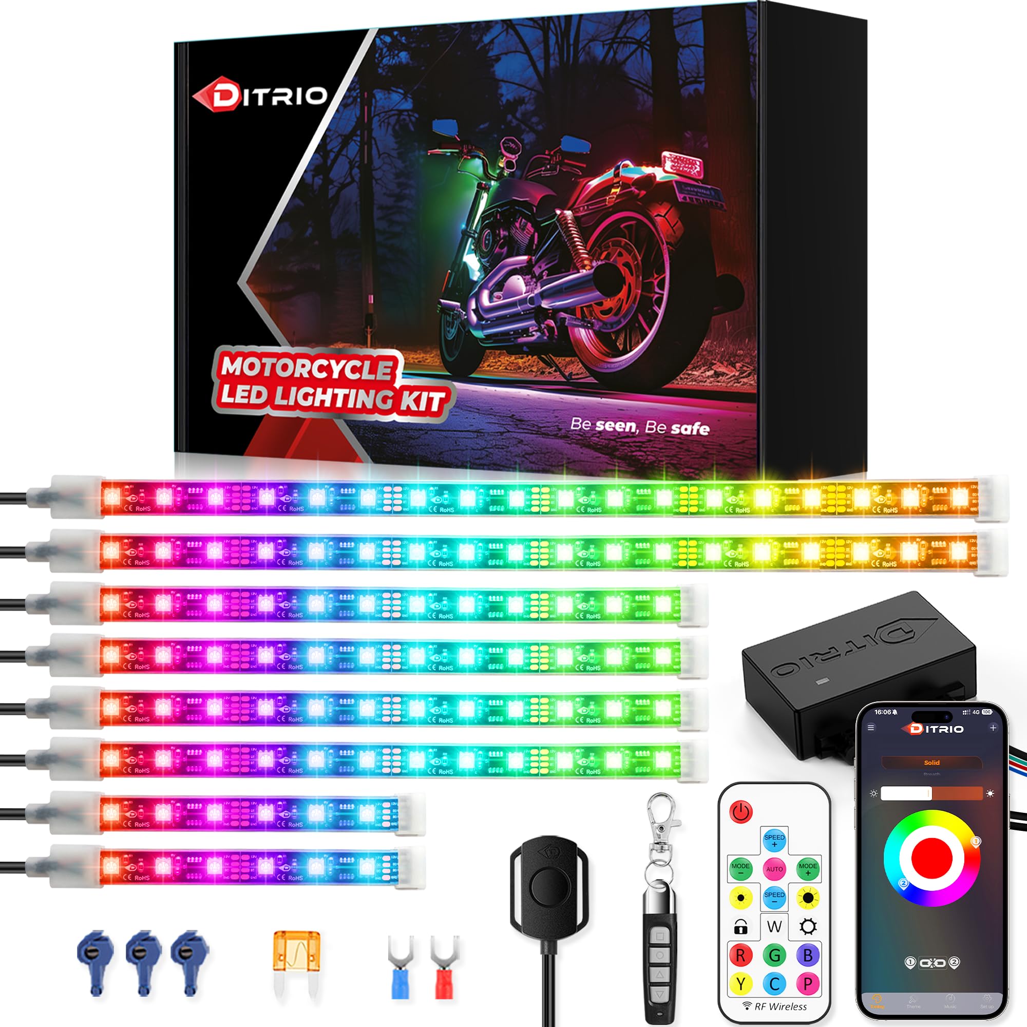 8PCS Motorcycle Led Lights with Brake Turn Signal,Underglow Light Kits with DITRIO APP/RF Remote Control, Dual Zone,Waterproof,1