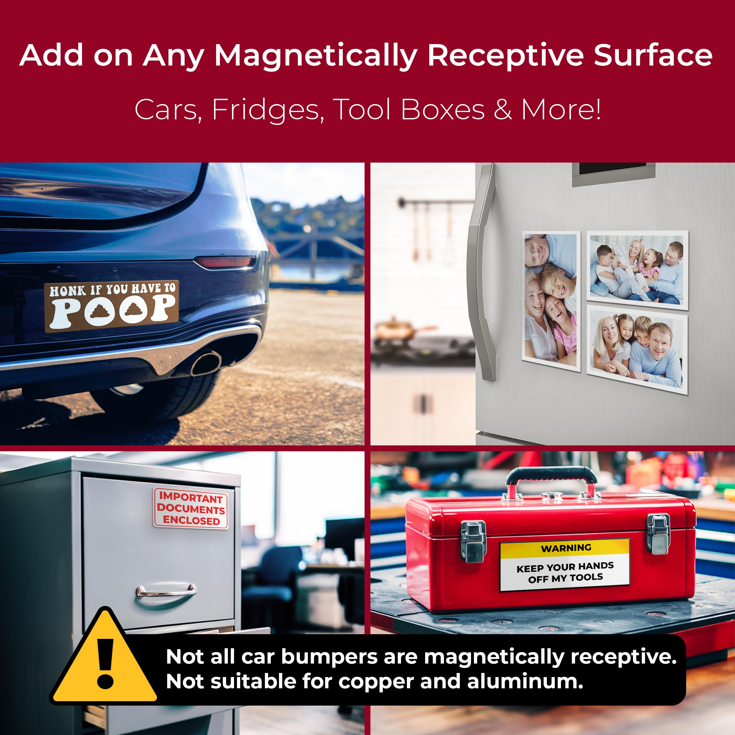 CarSignia Cut-to-Size Magnetic Bumper Sticker Kit, 4 Pack, Durable Alloy Steel, Weatherproof, White, Easy Swap Flexible Sheets