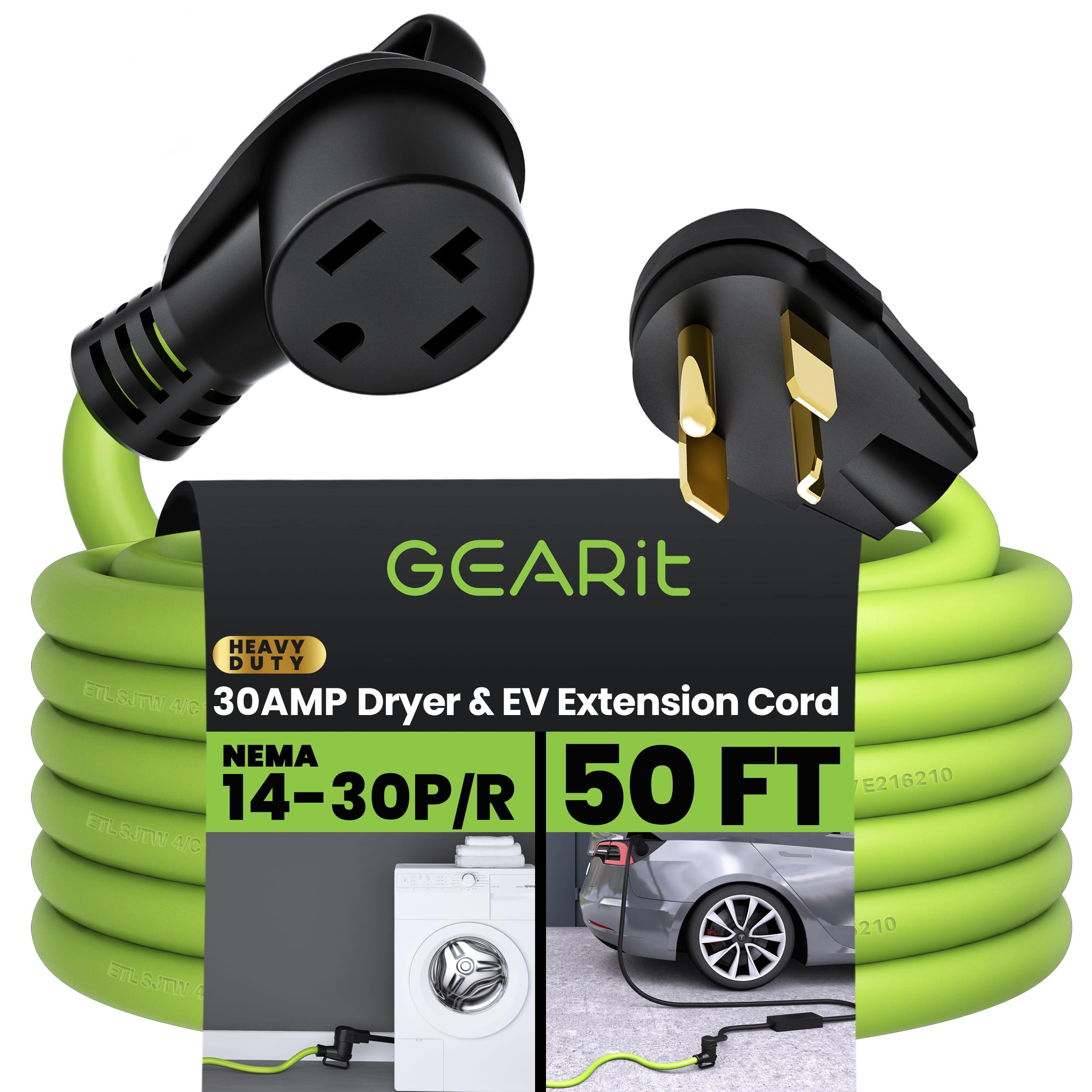 GEARit 30-Amp 4-Prong Extension Cord for Dryer and EV (50 Feet) 125/250-Volt, NEMA 14-30P to 14-30R, Electric Dryer/Tesla Model 