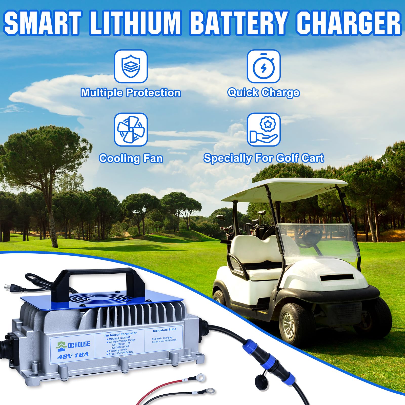 DC HOUSE 48V 18A Lithium Battery Charger - 900W Fast Charging, IP65 Waterproof, Cooling Fan, Model QA1250A-58.4V18A, Silver