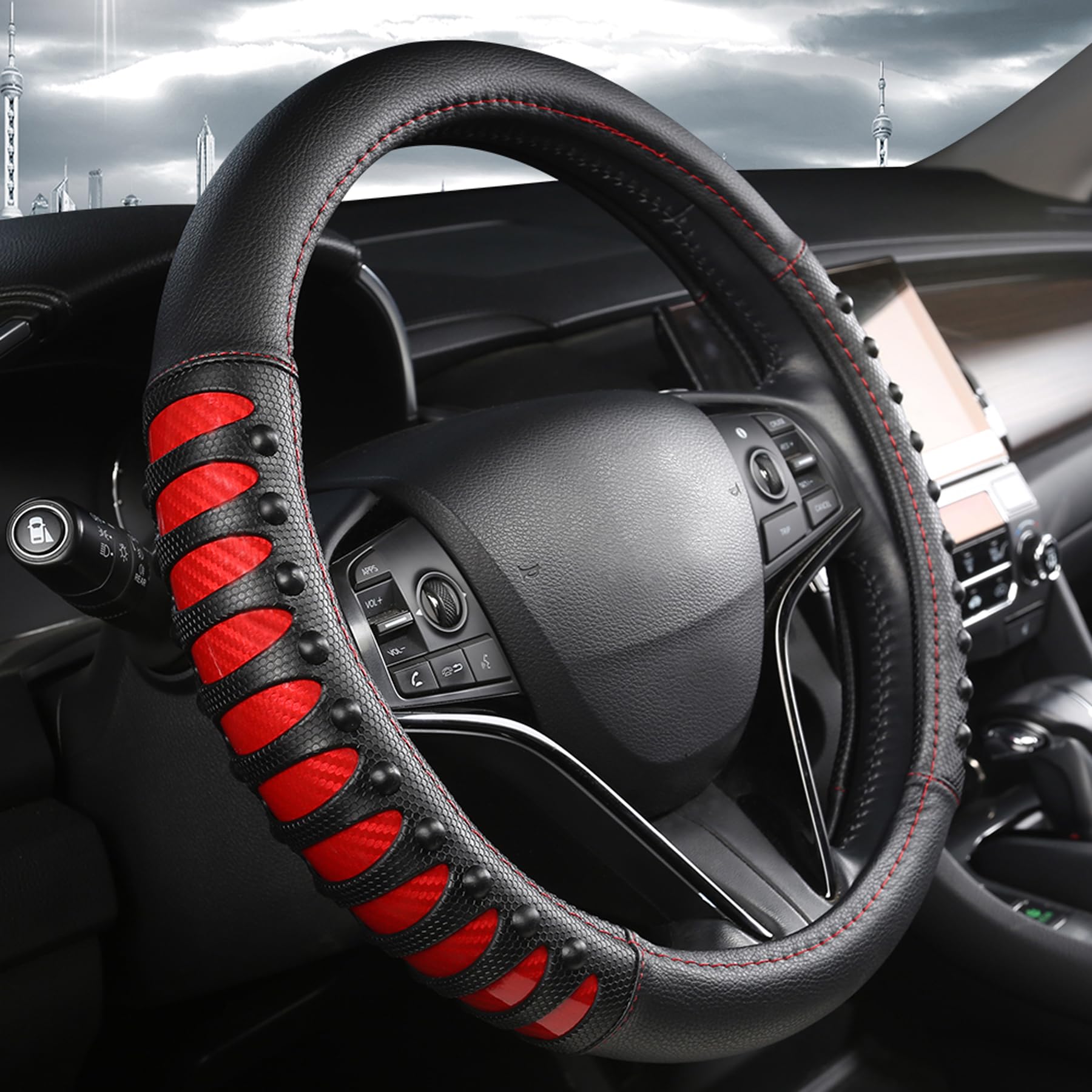 West Llama Microfiber Leather Car Steering Wheel Cover For Men Women,Universal Fit 15.5-16 Inchs(Leather Nails-Red+Black-Large S