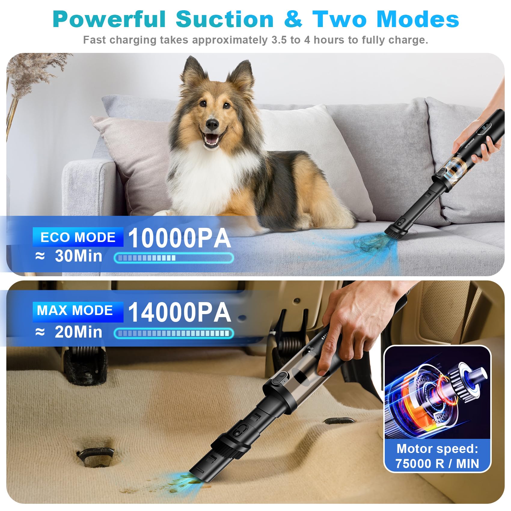 Upbooz Cordless Handheld Vacuum Cleaner, 14000PA Suction, LED Light, Mini, Black, Model VC012 for Car, Home, and Office