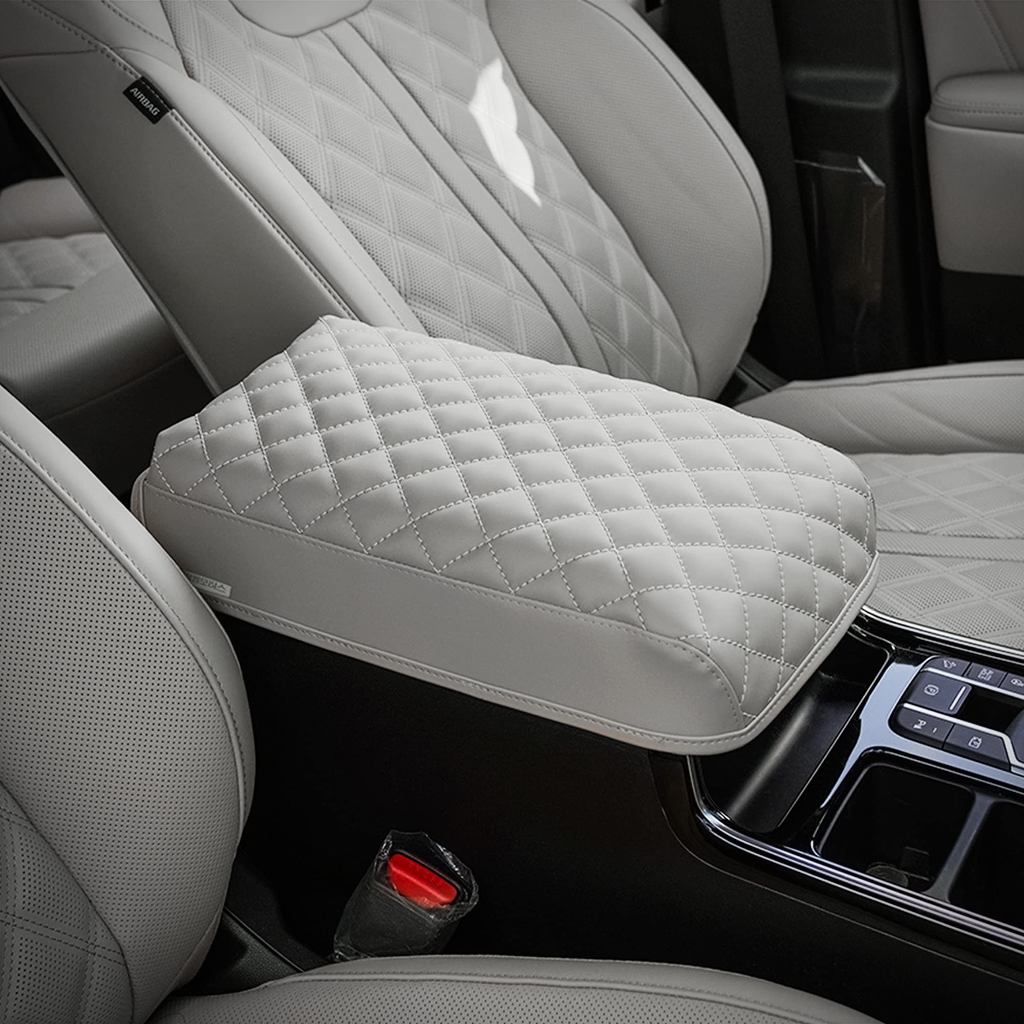 KMMOTORS Center Console Cover for Sorento (2021-2025) - Light Gray Armrest Cushion, Synthetic Leather Accessory