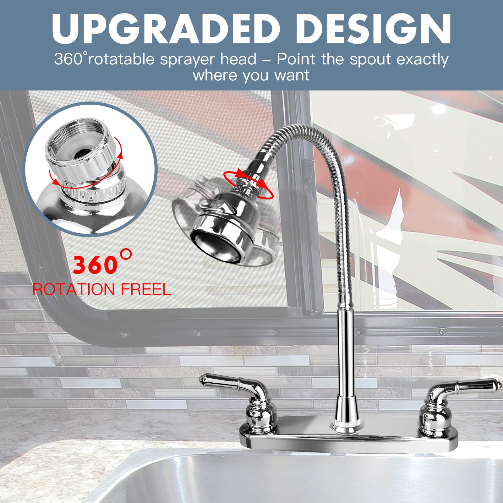 EXCELFU RV Sink Faucet - 360° Rotatable Sprayer, Stainless Steel, Model RV-8769, Ideal for RVs, Campers, Motorhomes, and Travel Trailers