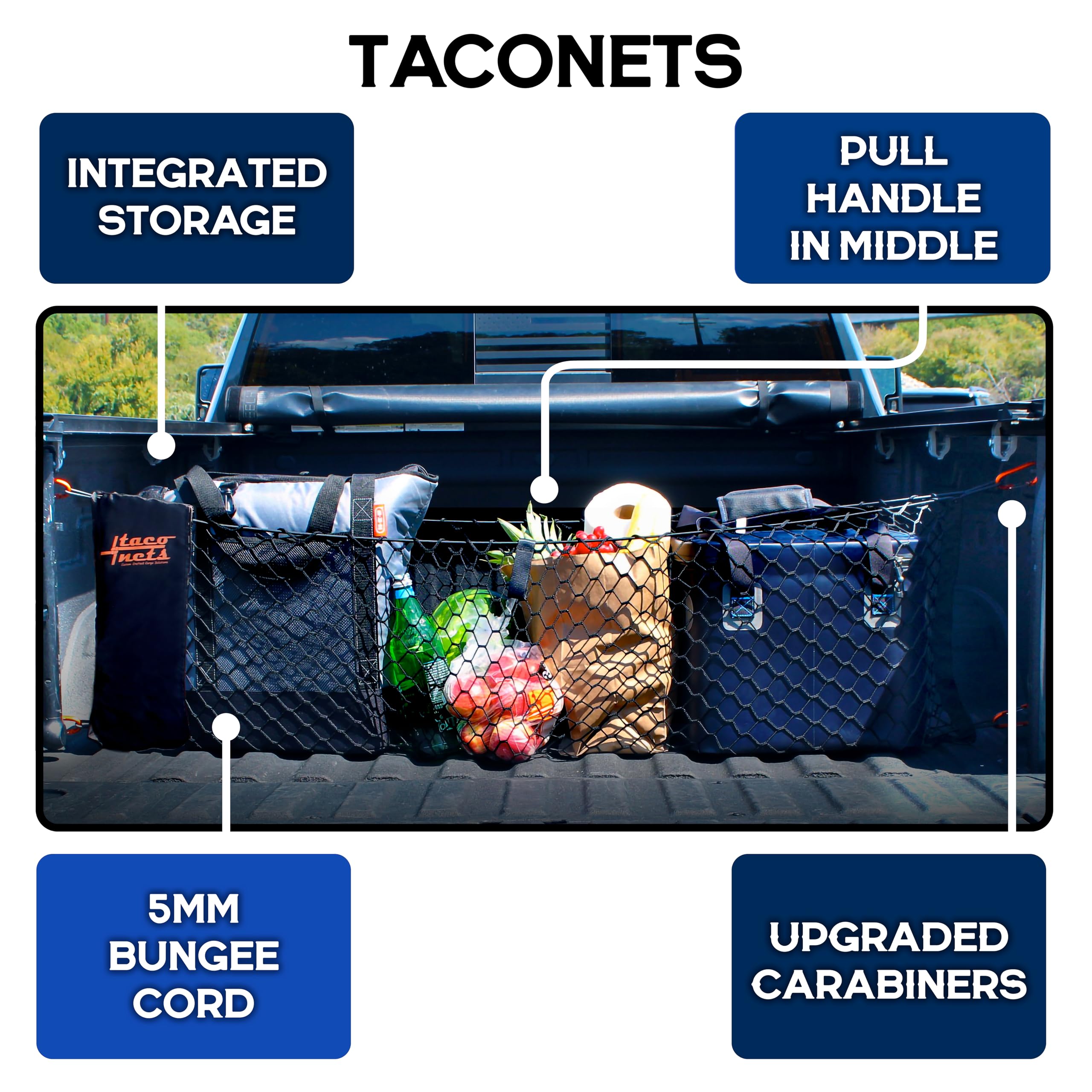 TacoNets Truck Bed Cargo Net for GMC Sierra & Chevy Silverado - 5mm Bungee, Heavy Duty Carabiners, 18" x 50", 2013-2025