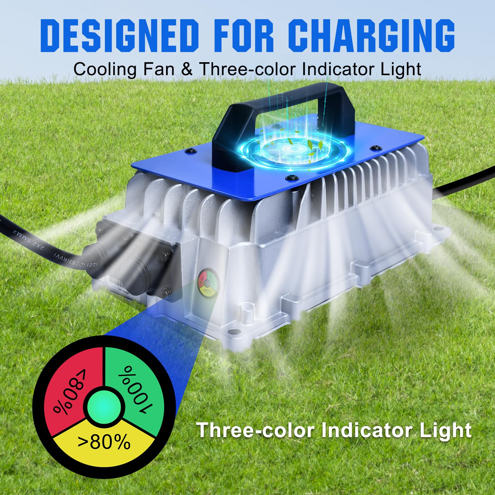 DC HOUSE 48V 18A Lithium Battery Charger - 900W Fast Charging, IP65 Waterproof, Cooling Fan, Model QA1250A-58.4V18A, Silver