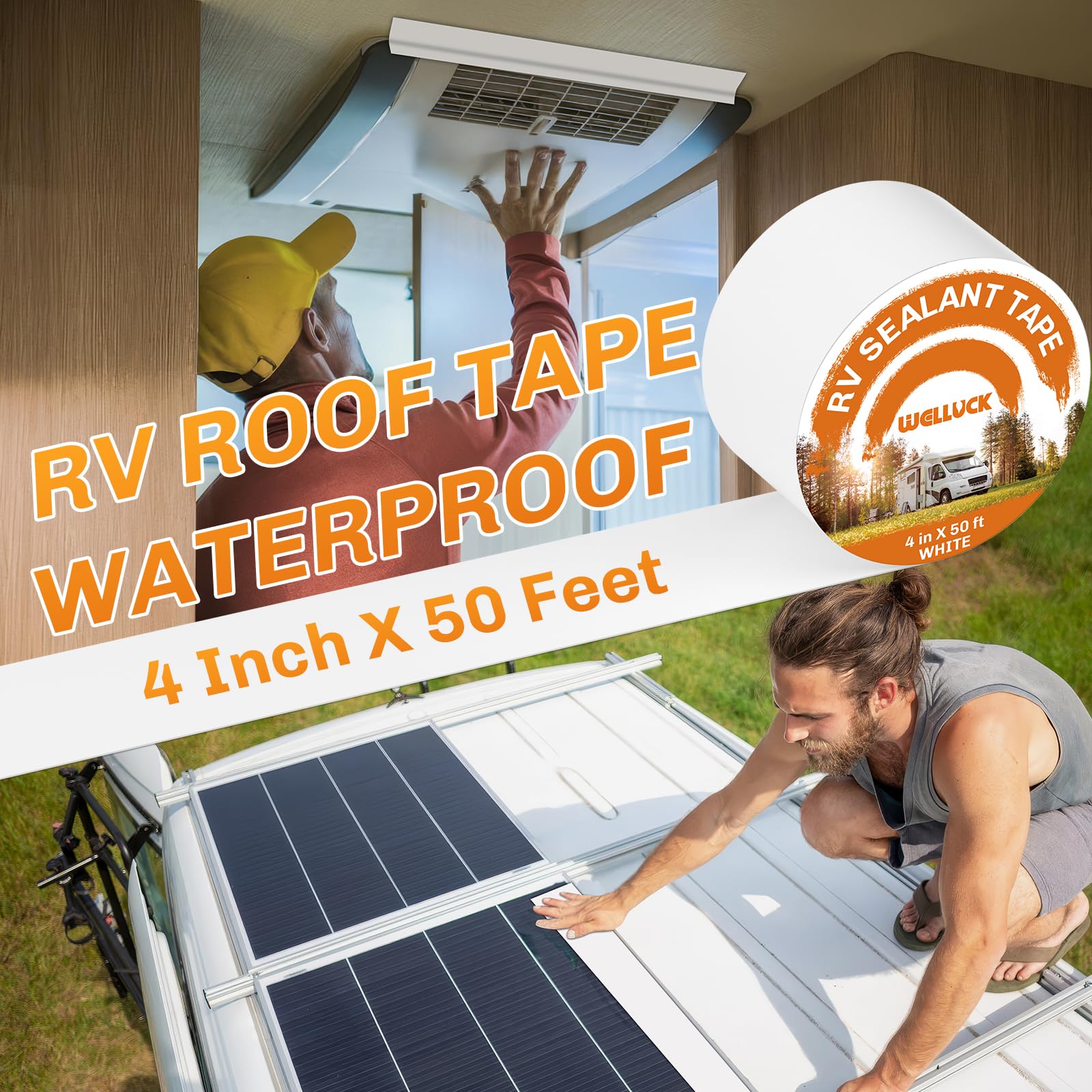 Welluck Rv Roof Tape Sealant Roofing Tape, 4 Inch X 50 Foot Natural White Rv Tape For Roof Repair Camper Trailer Boat Sealing Le