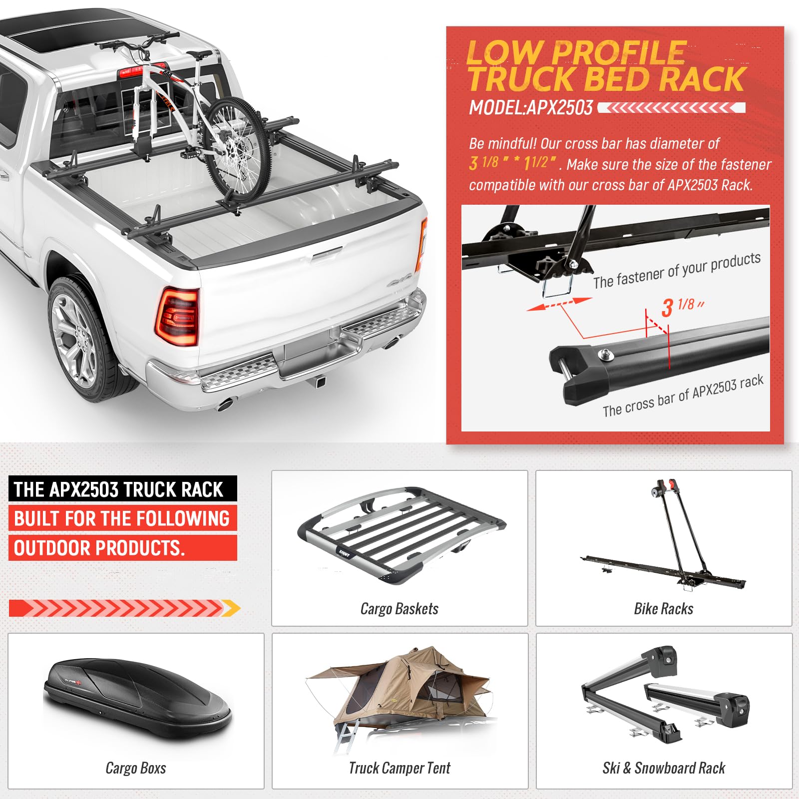 AA-Racks APX2503 Heavy Duty Aluminum Truck Bed Rack, 83" Full-Size, Black, 300lb Capacity for Trucks and Trailers