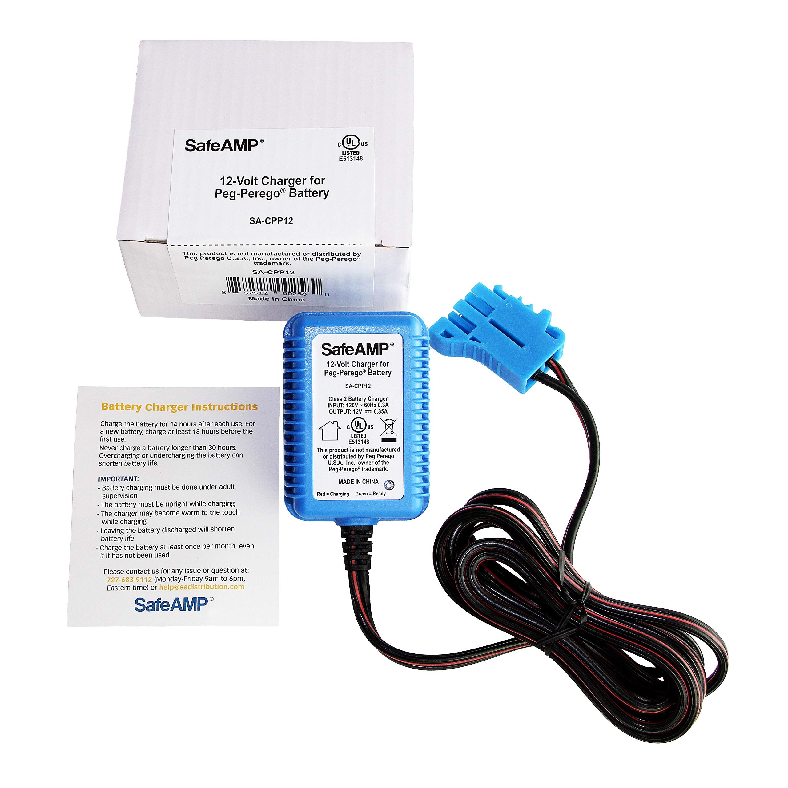 SafeAMP 12 Volt Battery Charger for Peg Perego® 12V Batteries - Blue, Model SA-CPP12, Compatible with John Deere Tractors & Ride On Cars