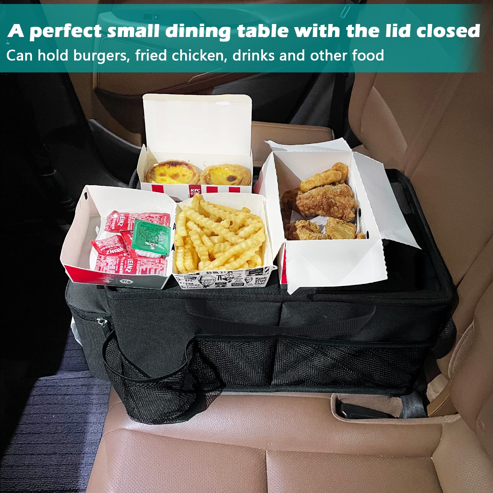 Digeeonegu Car Seat Organizer-Car Organizer Front Seat Back Seat,Car Organizers And Storage,Passenger Seat Organizer With Lid Tissue Box Cup Holder & 7 Mesh Pockets, Road Trip Essentials For Kids