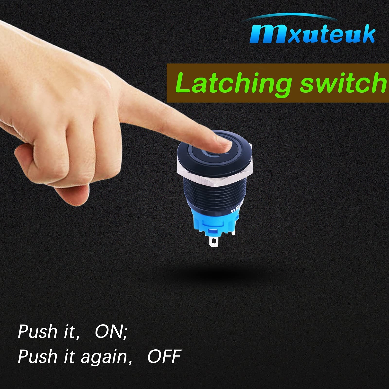 Mxuteuk 19Mm Waterproof Latching Push Button Switch 12V On/Off Switch 1No 1Nc Spdt Black Metal With Blue Power Symbol Light With