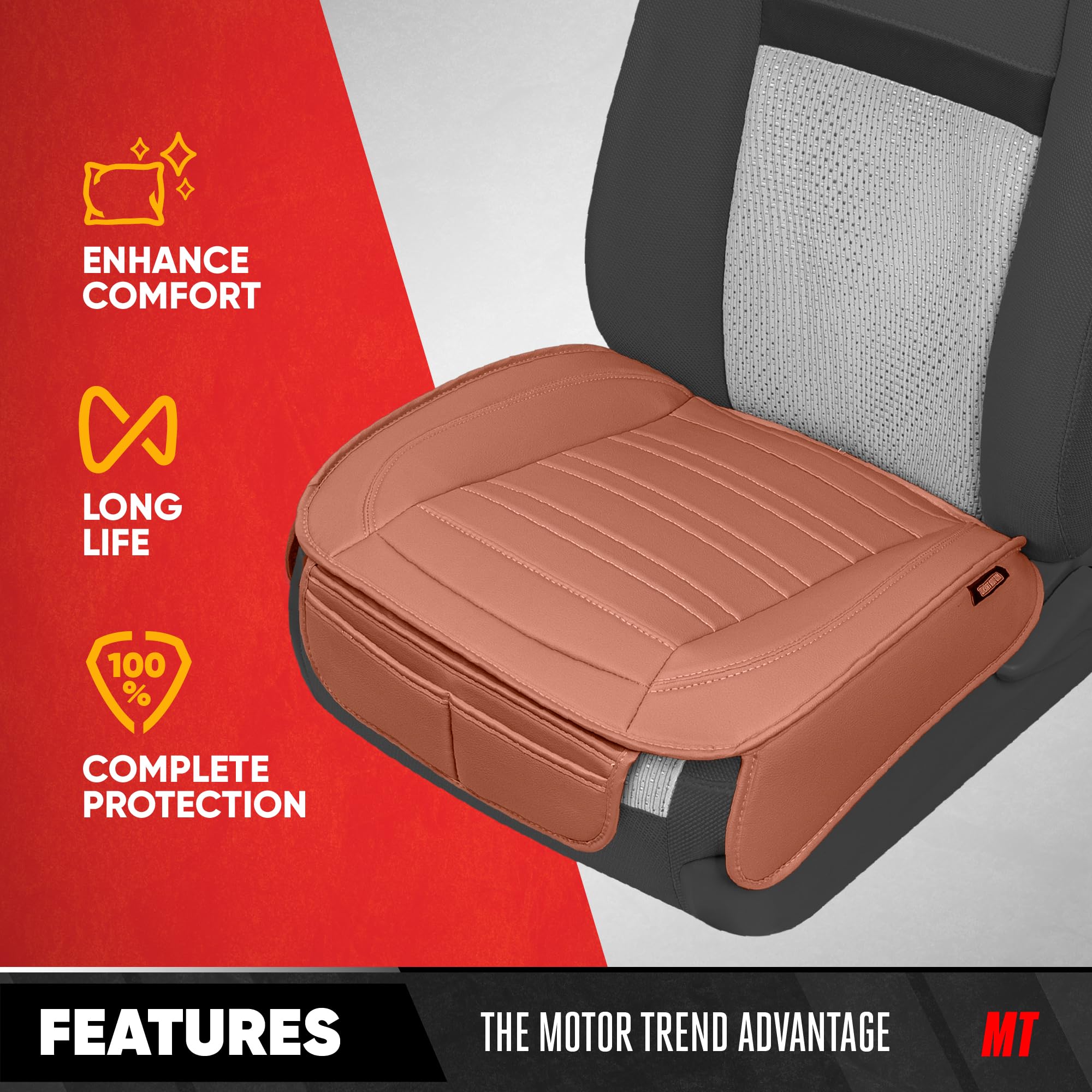 Motor Trend Faux Leather Front Seat Cover for Cars - Set of 2 Brown Front Car Seat Covers for SUV & Truck with Storage Pockets -