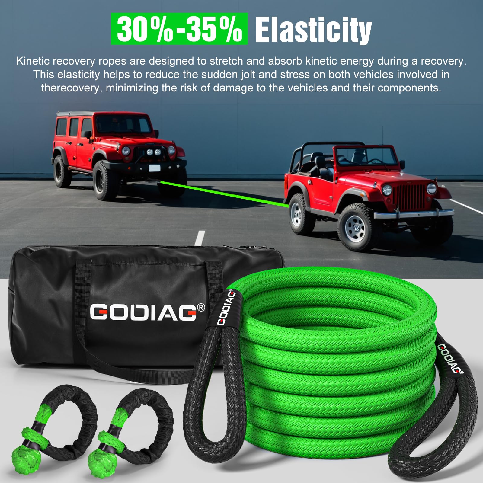 Godiag 1''  30Ft Kinetic Recovery Tow Rope (46500Lbs) Heavy Duty Energy Rope With 2 Soft Shackles, 30% Elasticity Offroad Power