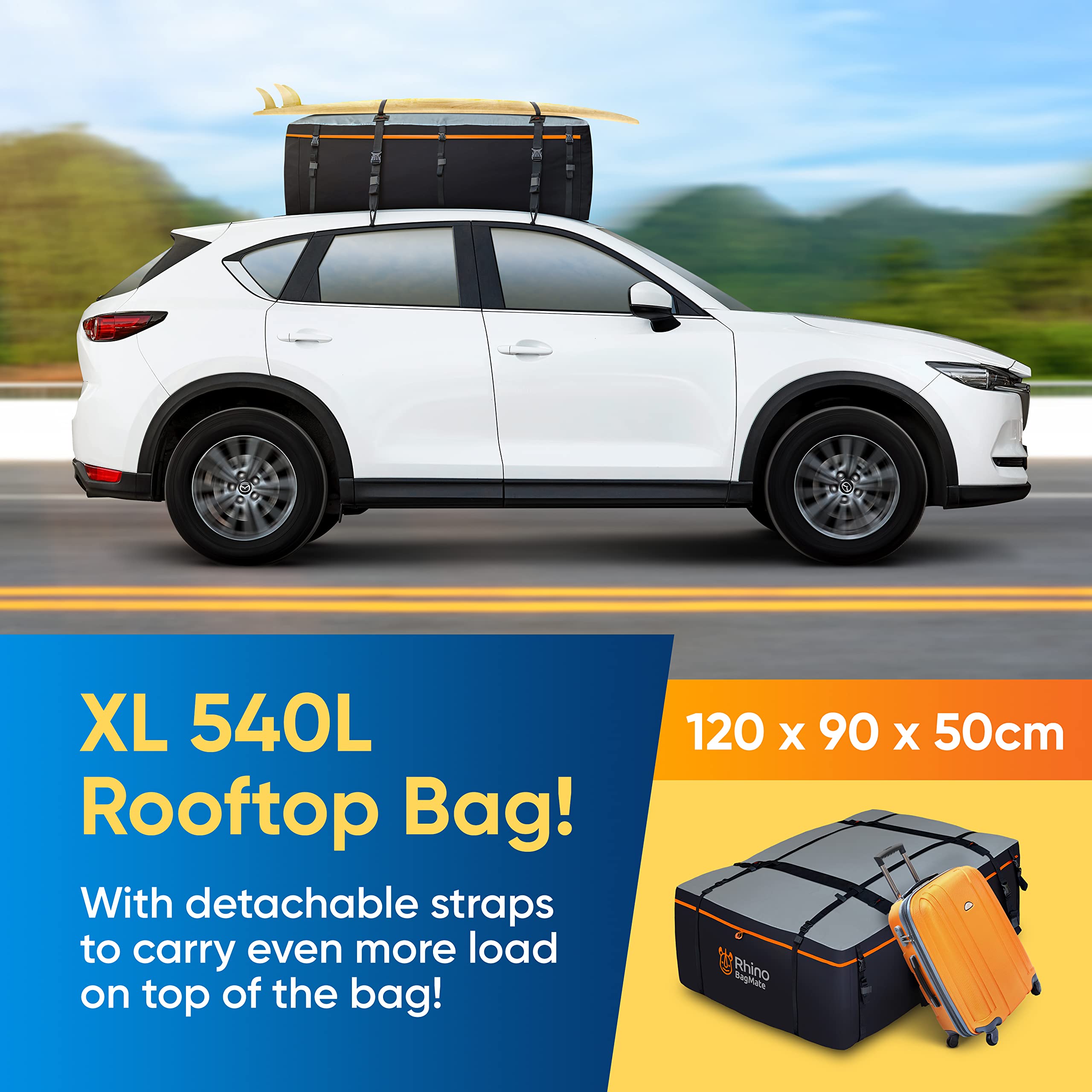 BagMate Waterproof Roof Bag - 19 Cu. Ft. Cargo Carrier, PVC Material, Model RBM-CRB-540-V2_1, Black, 4 Door Hooks, Zipper/B