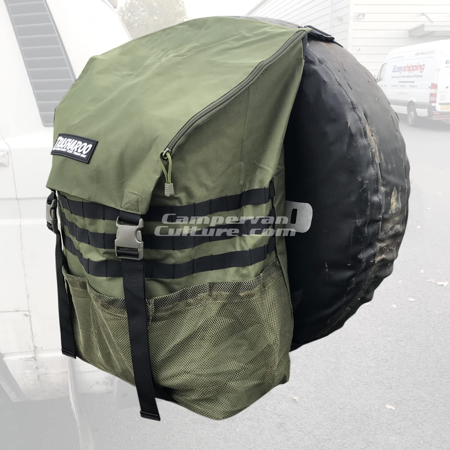 Trasharoo Spare Tire Trash Bag - Canvas, Model 13, Green Color, Durable and Versatile Outdoor Accessory
